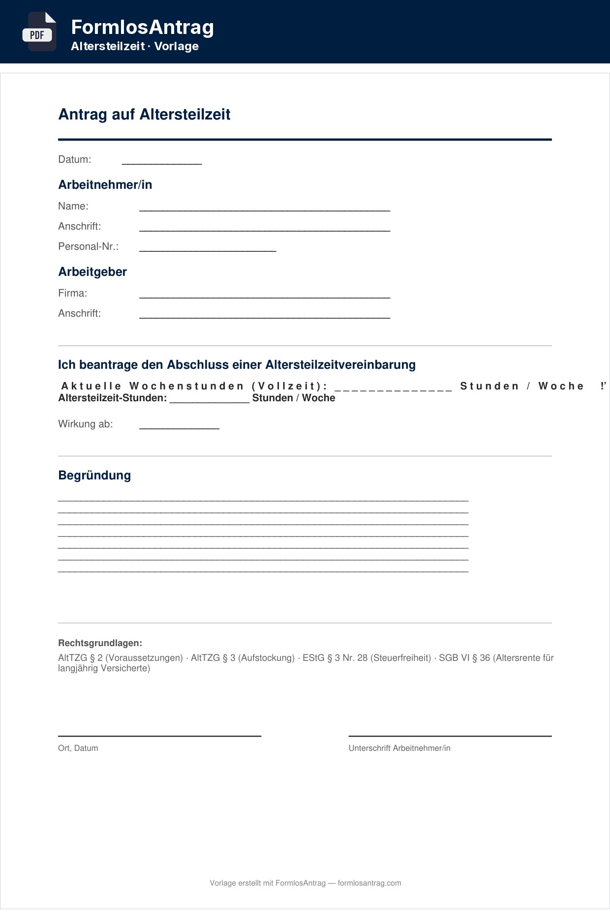 Erste Seite der Vorlage Antrag auf Altersteilzeit mit den Feldern zum Ausfüllen