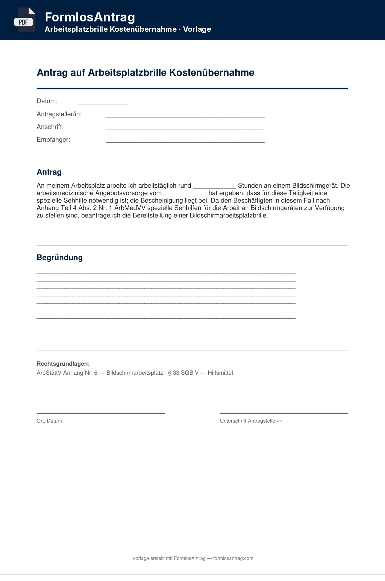 Erste Seite der Vorlage Antrag auf Arbeitsplatzbrille Kostenübernahme mit den Feldern zum Ausfüllen