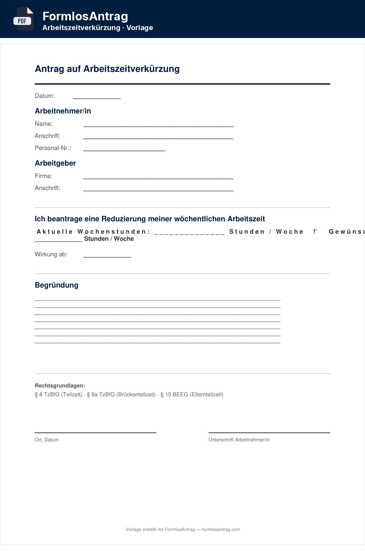 Erste Seite der Vorlage Antrag auf Arbeitszeitverkürzung mit den Feldern zum Ausfüllen