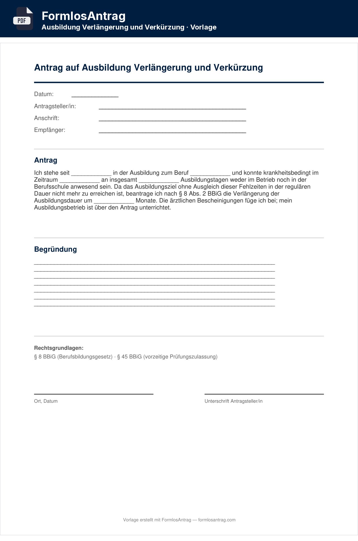 Erste Seite der Vorlage Antrag auf Ausbildung Verlängerung und Verkürzung mit den Feldern zum Ausfüllen