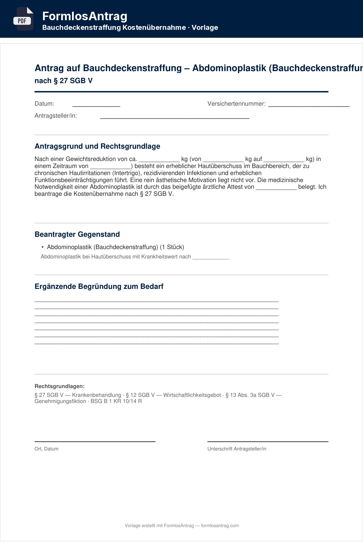 Erste Seite der Vorlage Antrag auf Bauchdeckenstraffung — PDF & Word mit den Feldern zum Ausfüllen