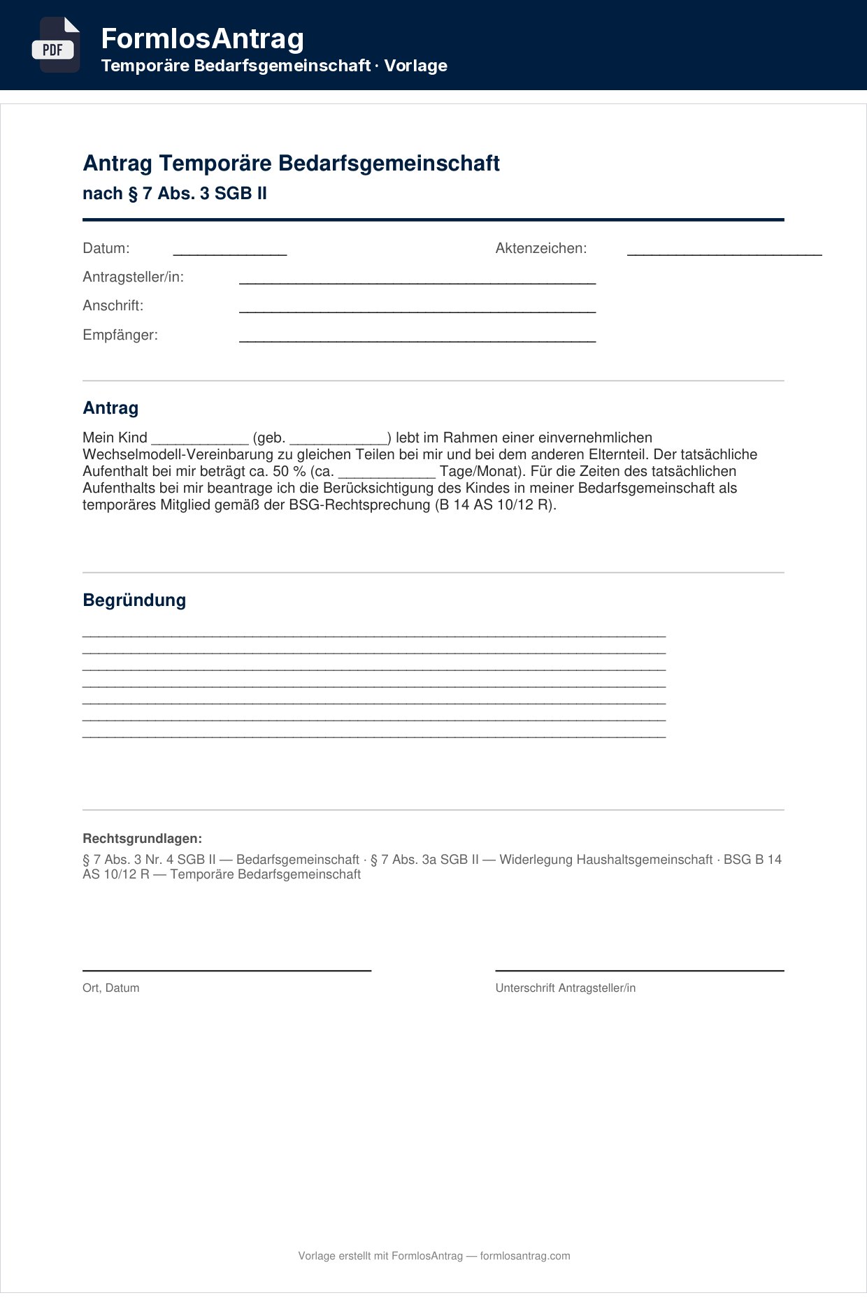 Erste Seite der Vorlage Antrag Temporäre Bedarfsgemeinschaft — PDF & Word mit den Feldern zum Ausfüllen