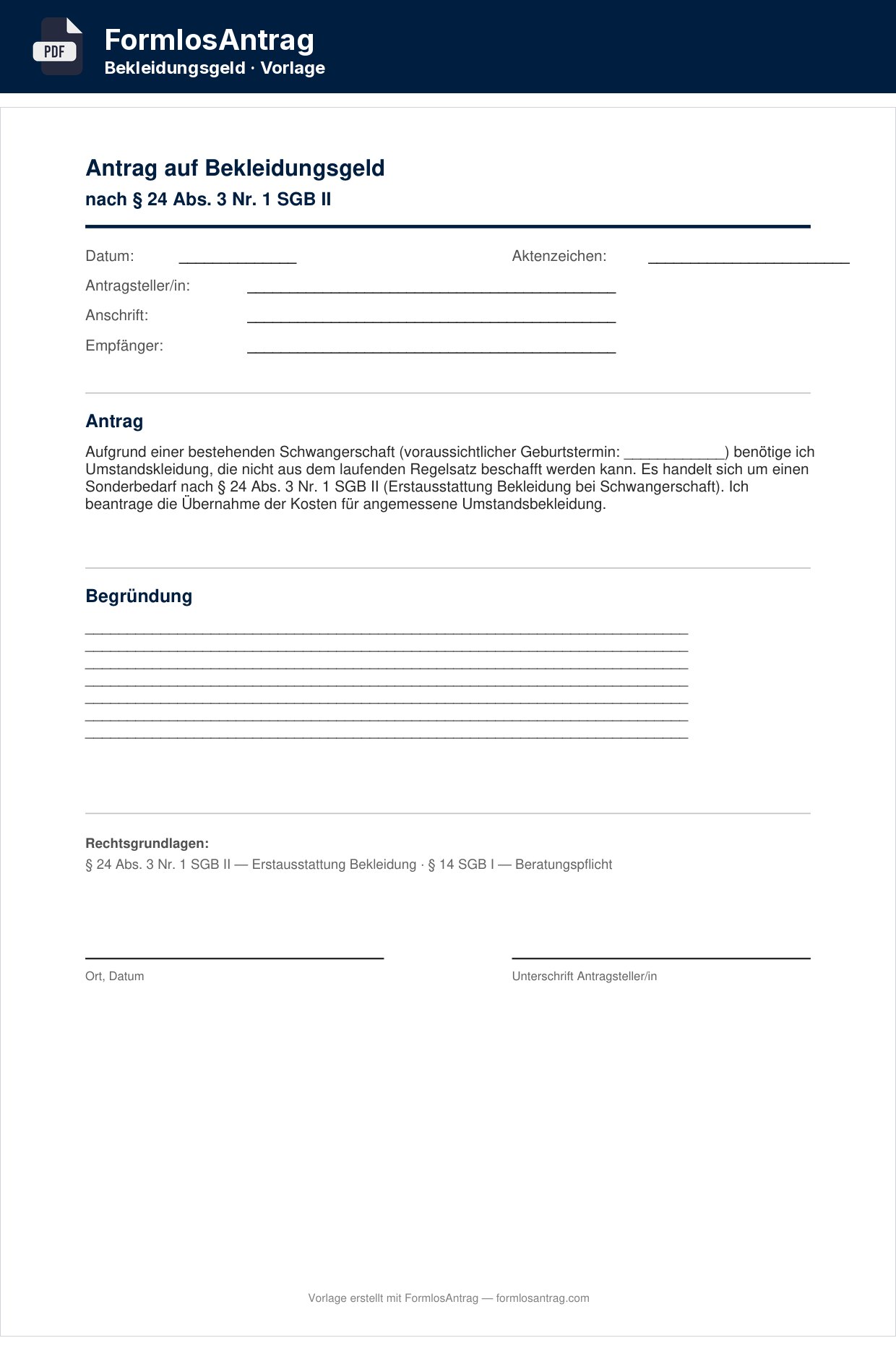 Erste Seite der Vorlage Antrag auf Bekleidungsgeld — PDF & Word mit den Feldern zum Ausfüllen