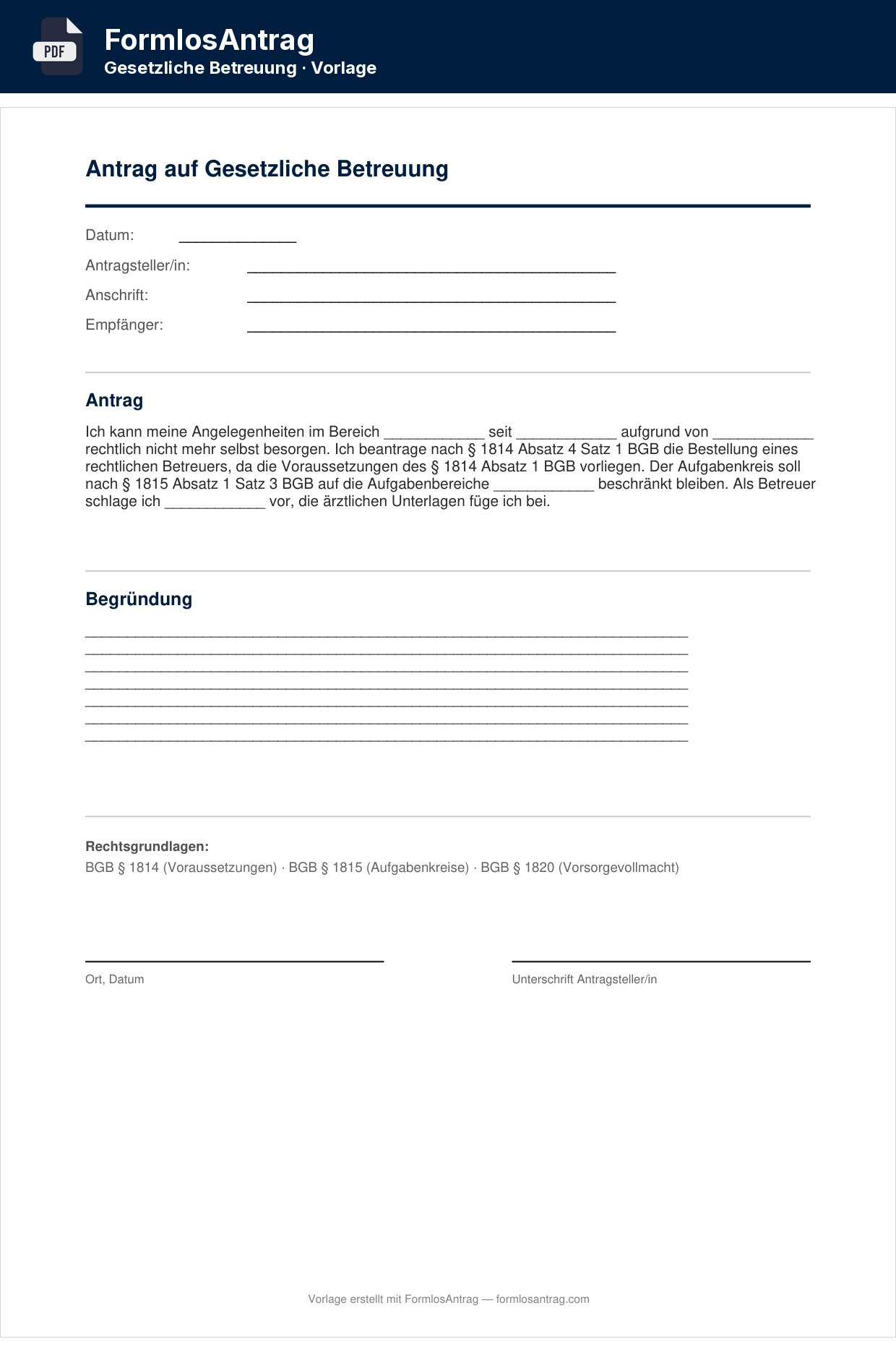 Erste Seite der Vorlage Antrag auf Gesetzliche Betreuung mit den Feldern zum Ausfüllen