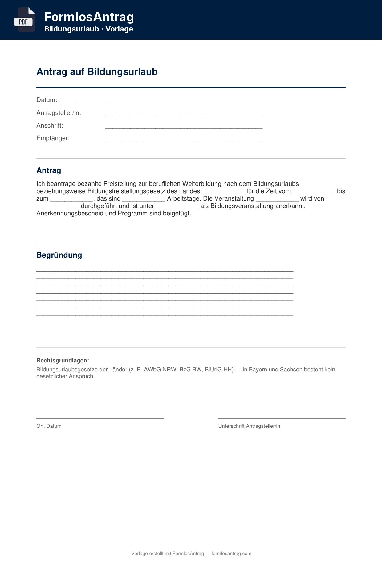 Erste Seite der Vorlage Antrag auf Bildungsurlaub mit den Feldern zum Ausfüllen