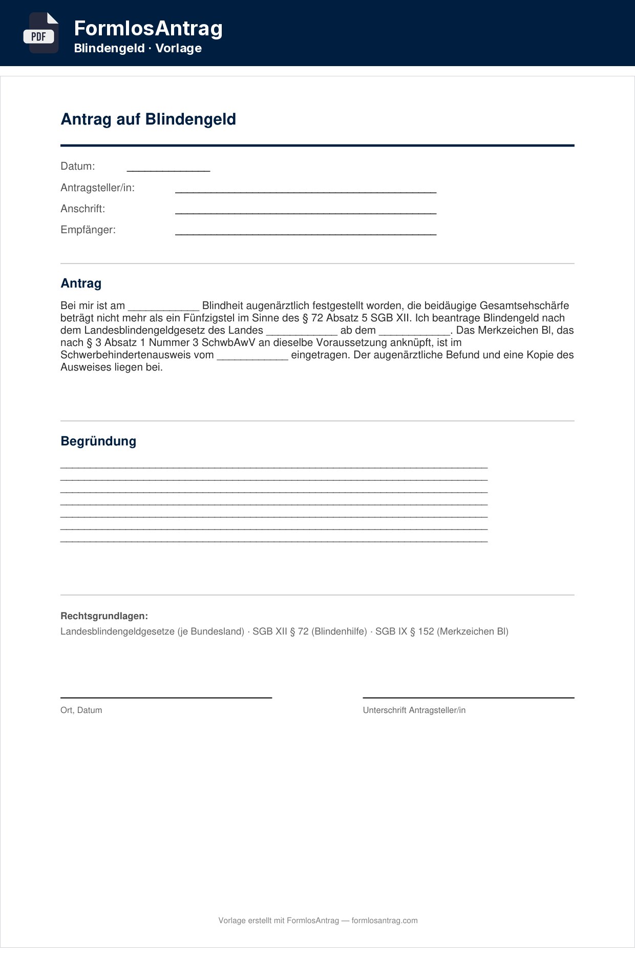 Erste Seite der Vorlage Antrag auf Blindengeld mit den Feldern zum Ausfüllen