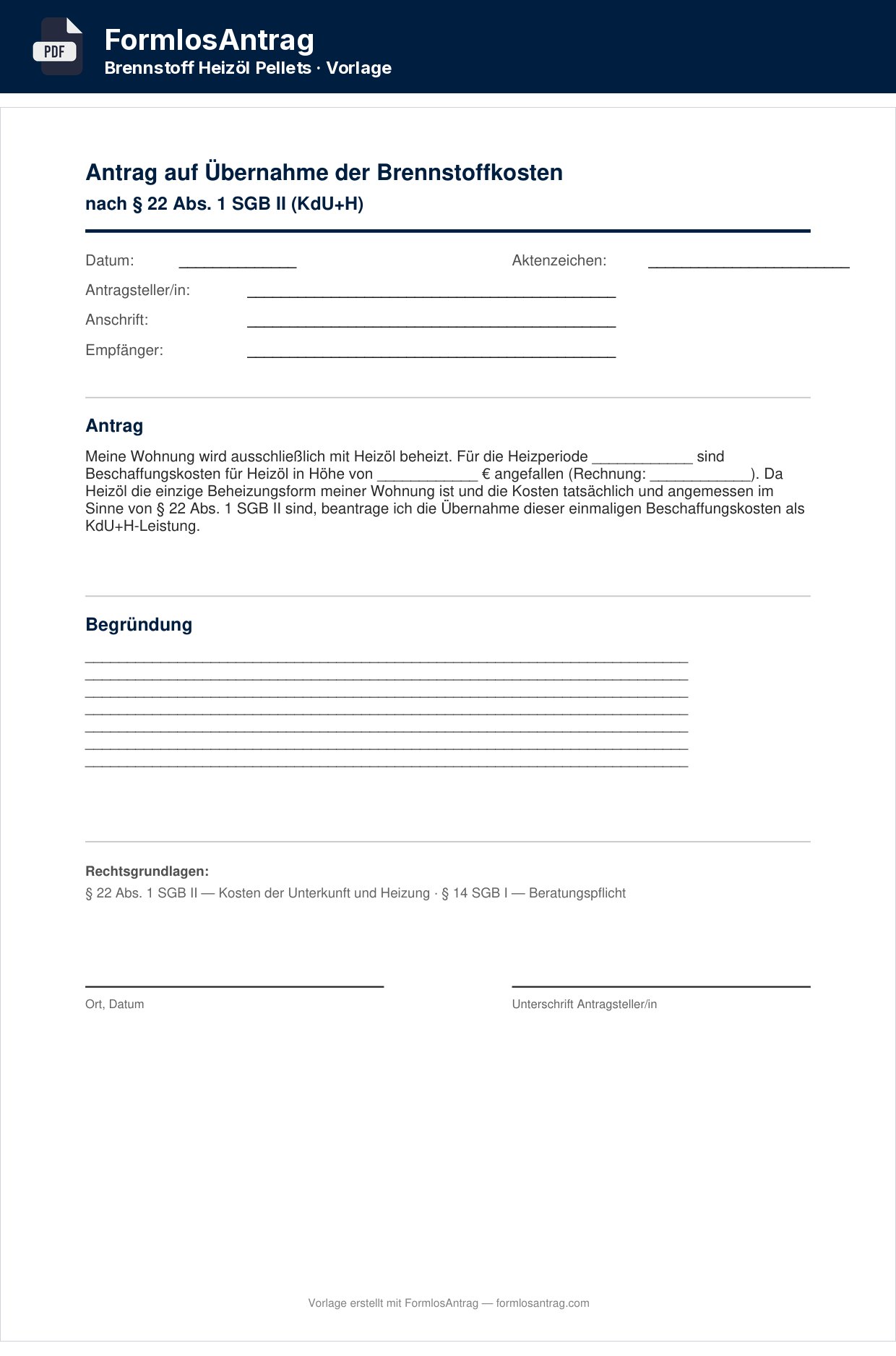 Erste Seite der Vorlage Antrag auf Übernahme der Brennstoffkosten — PDF & Word mit den Feldern zum Ausfüllen