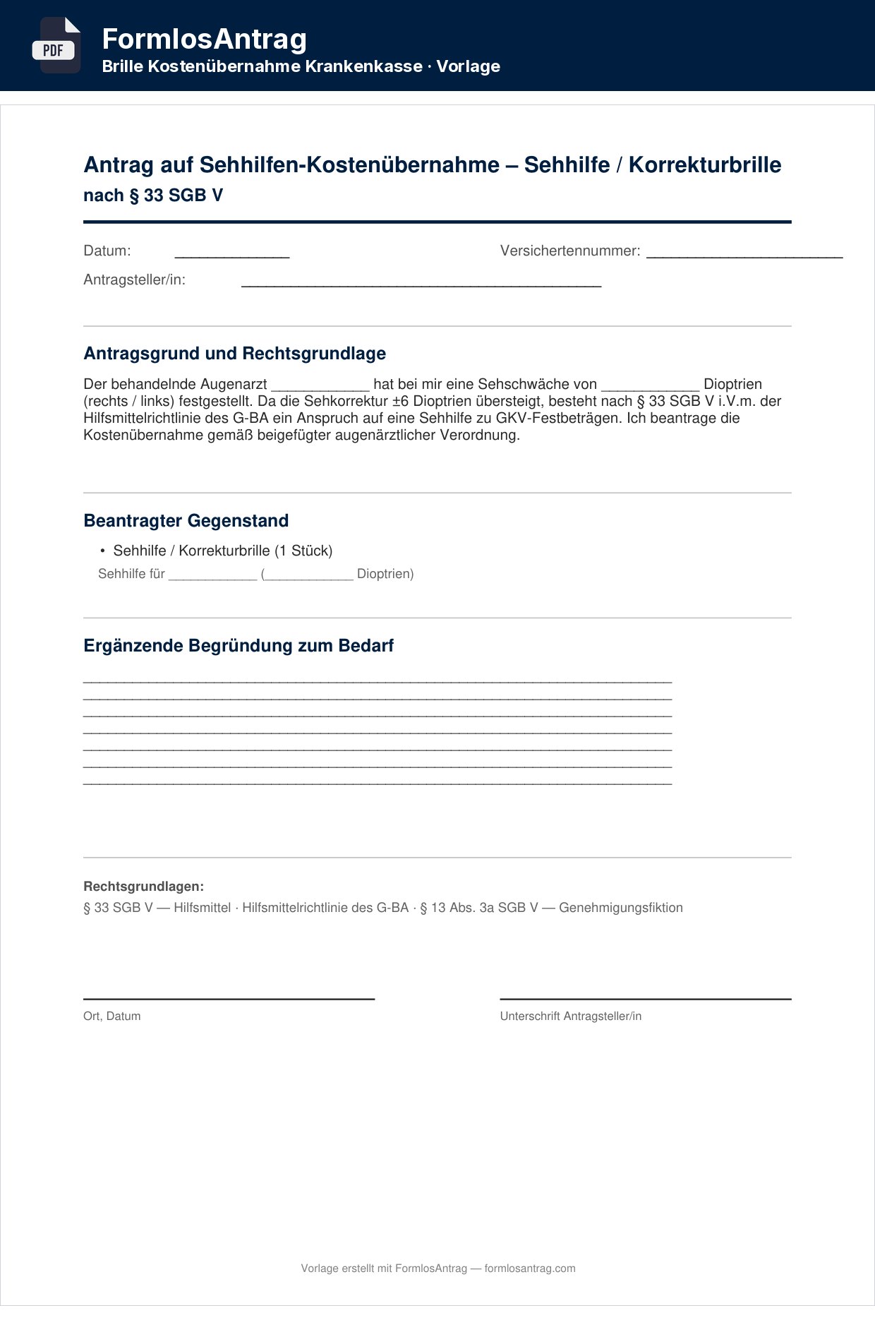 Erste Seite der Vorlage Antrag auf Sehhilfen-Kostenübernahme — PDF & Word mit den Feldern zum Ausfüllen