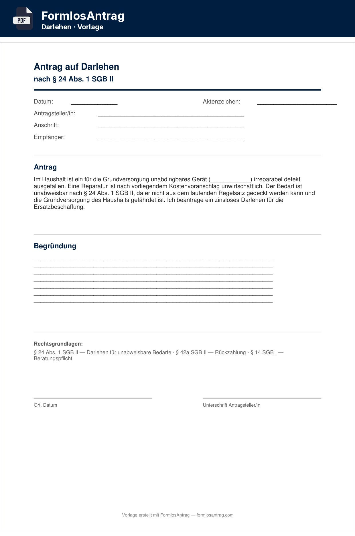 Erste Seite der Vorlage Antrag auf Darlehen — PDF & Word mit den Feldern zum Ausfüllen