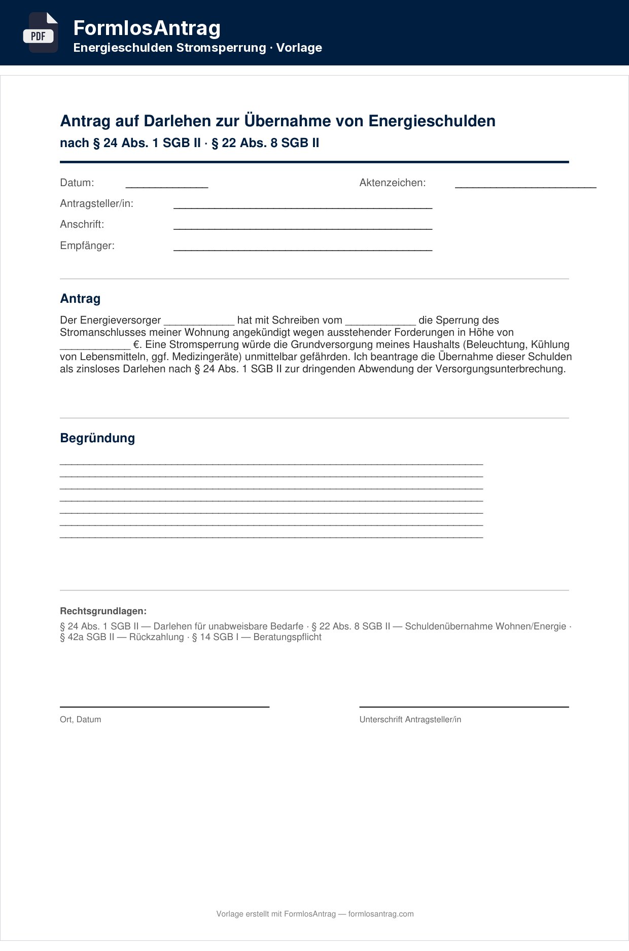 Erste Seite der Vorlage Antrag auf Darlehen zur Übernahme von Energieschulden — PDF & Word mit den Feldern zum Ausfüllen