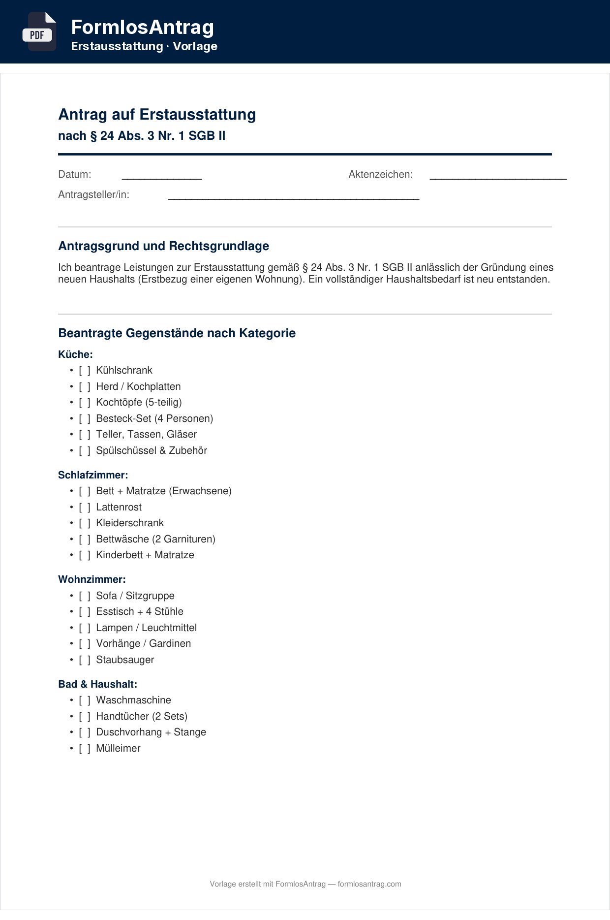 Erste Seite der Vorlage Antrag auf Erstausstattung — PDF & Word mit den Feldern zum Ausfüllen