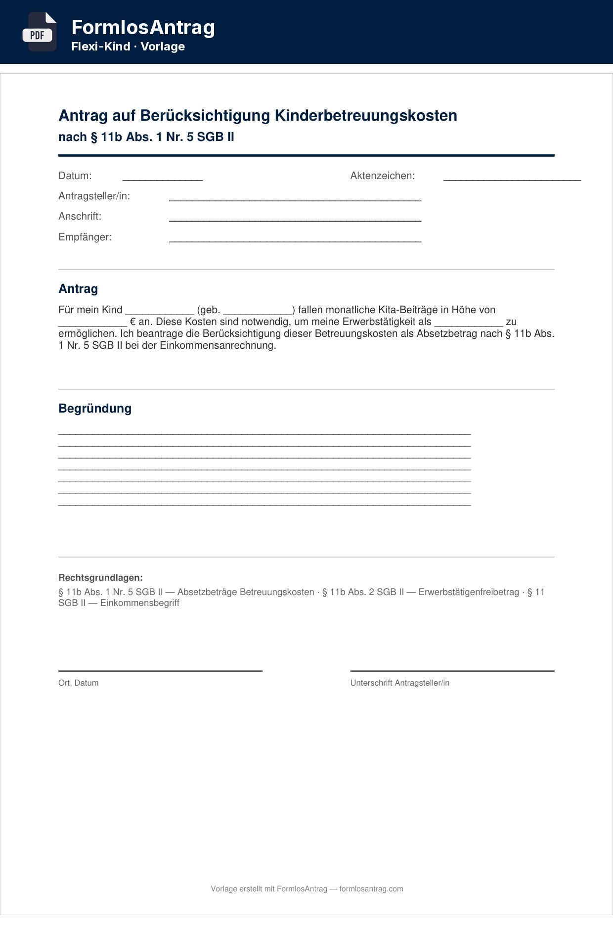 Erste Seite der Vorlage Antrag auf Berücksichtigung Kinderbetreuungskosten — PDF & Word mit den Feldern zum Ausfüllen