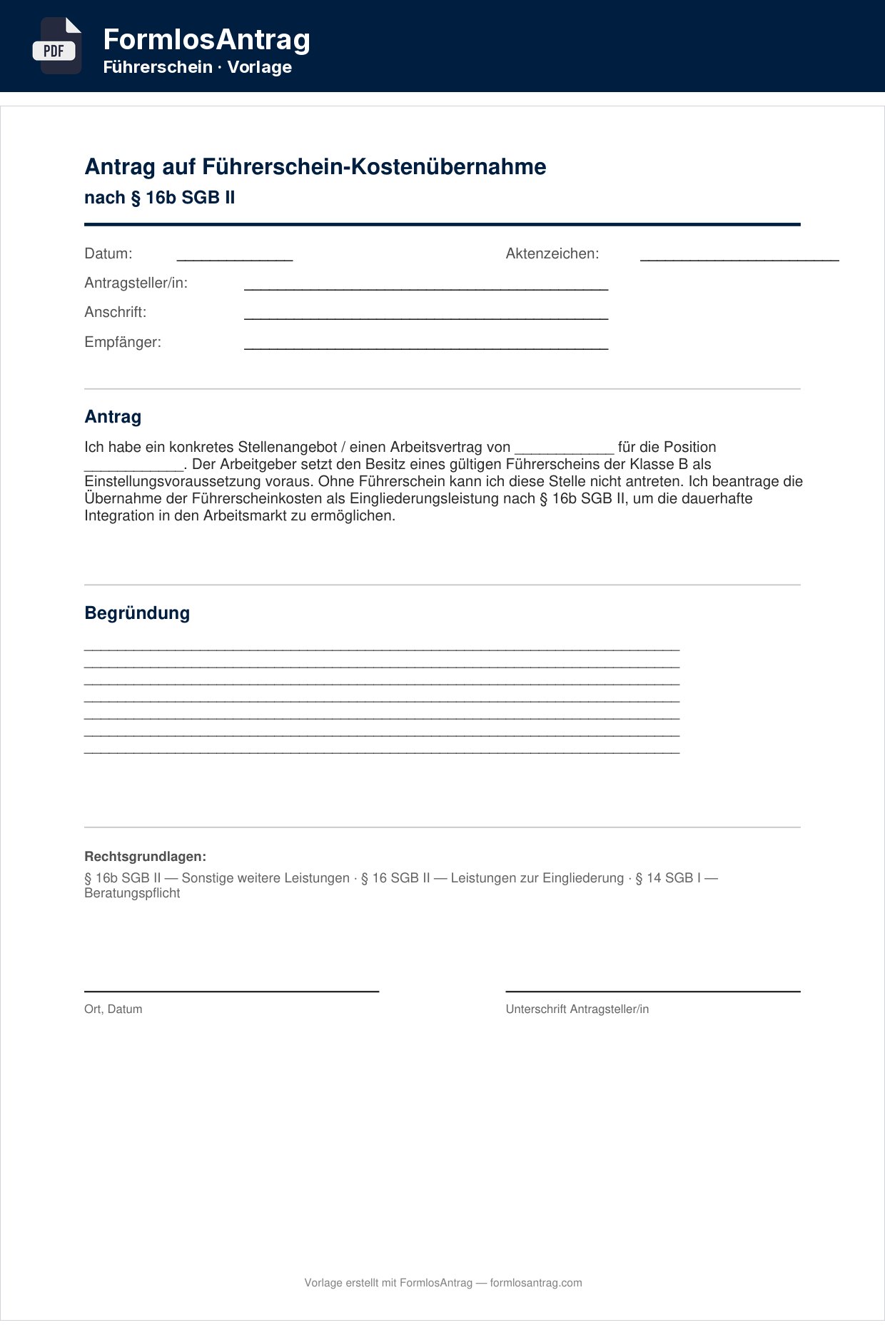 Erste Seite der Vorlage Antrag auf Führerschein-Kostenübernahme — PDF & Word mit den Feldern zum Ausfüllen