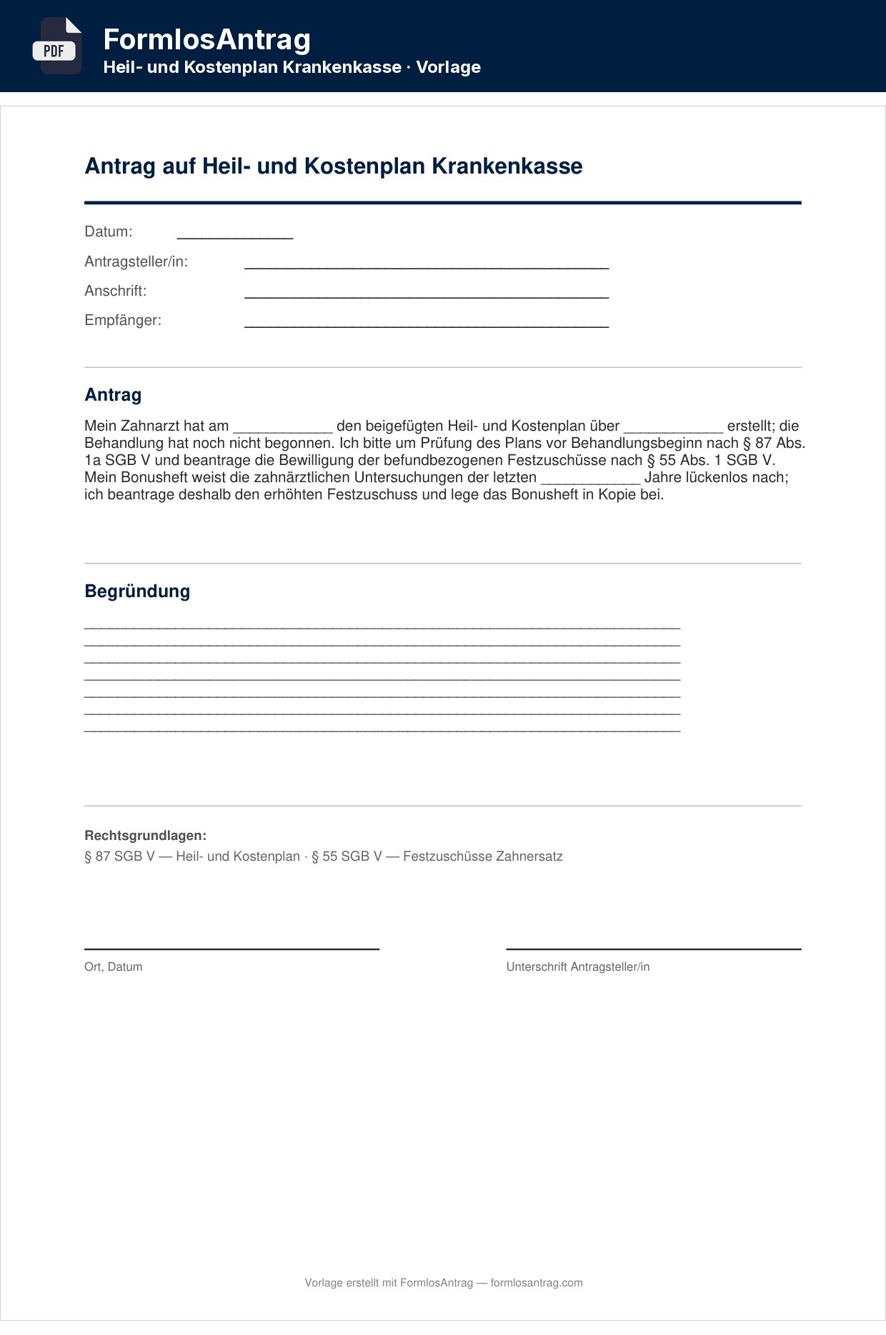 Erste Seite der Vorlage Antrag auf Heil- und Kostenplan Krankenkasse mit den Feldern zum Ausfüllen