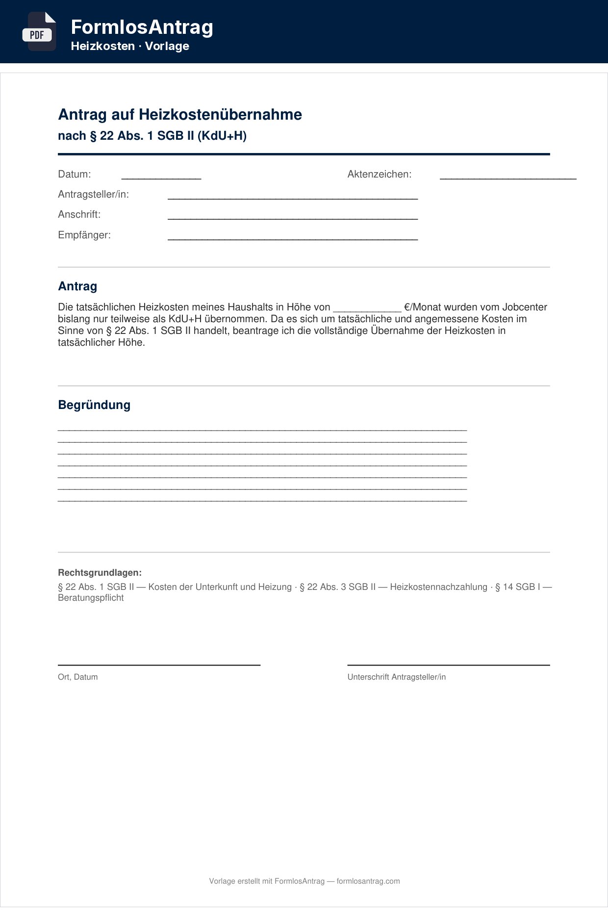 Erste Seite der Vorlage Antrag auf Heizkostenübernahme — PDF & Word mit den Feldern zum Ausfüllen