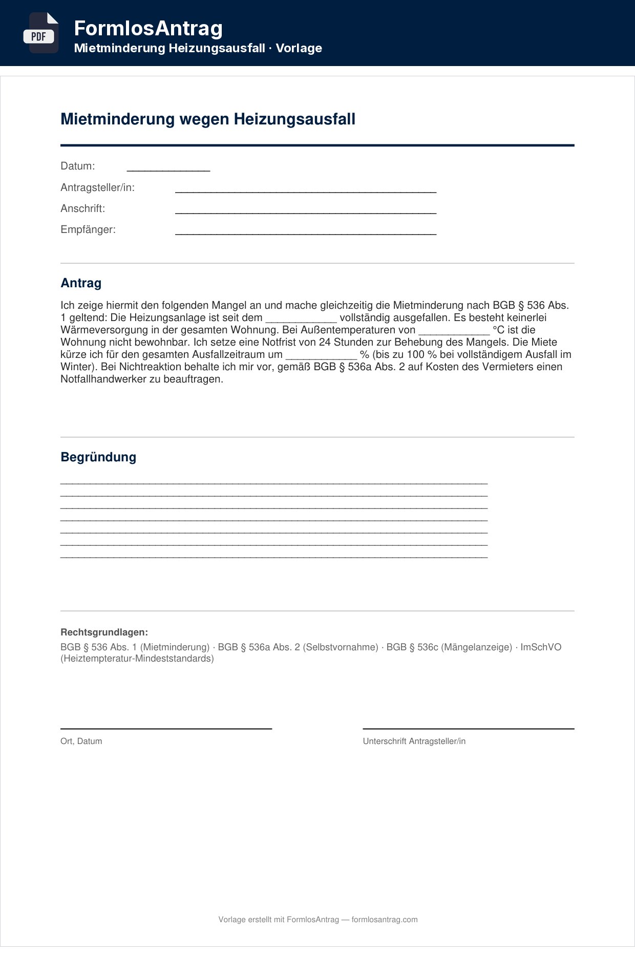 Erste Seite der Vorlage Mietminderung wegen Heizungsausfall — PDF & Word mit den Feldern zum Ausfüllen