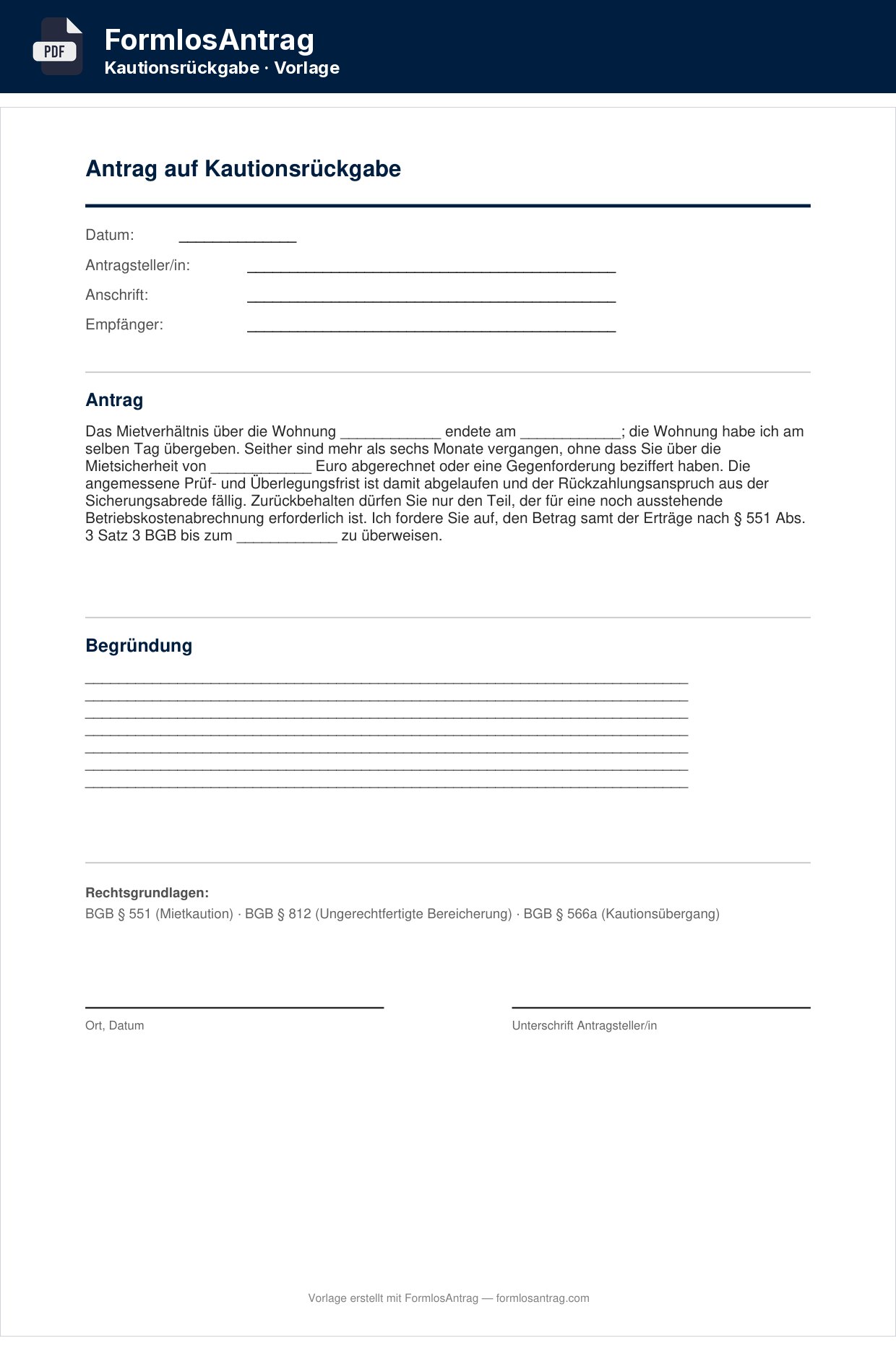 Erste Seite der Vorlage Antrag auf Kautionsrückgabe mit den Feldern zum Ausfüllen