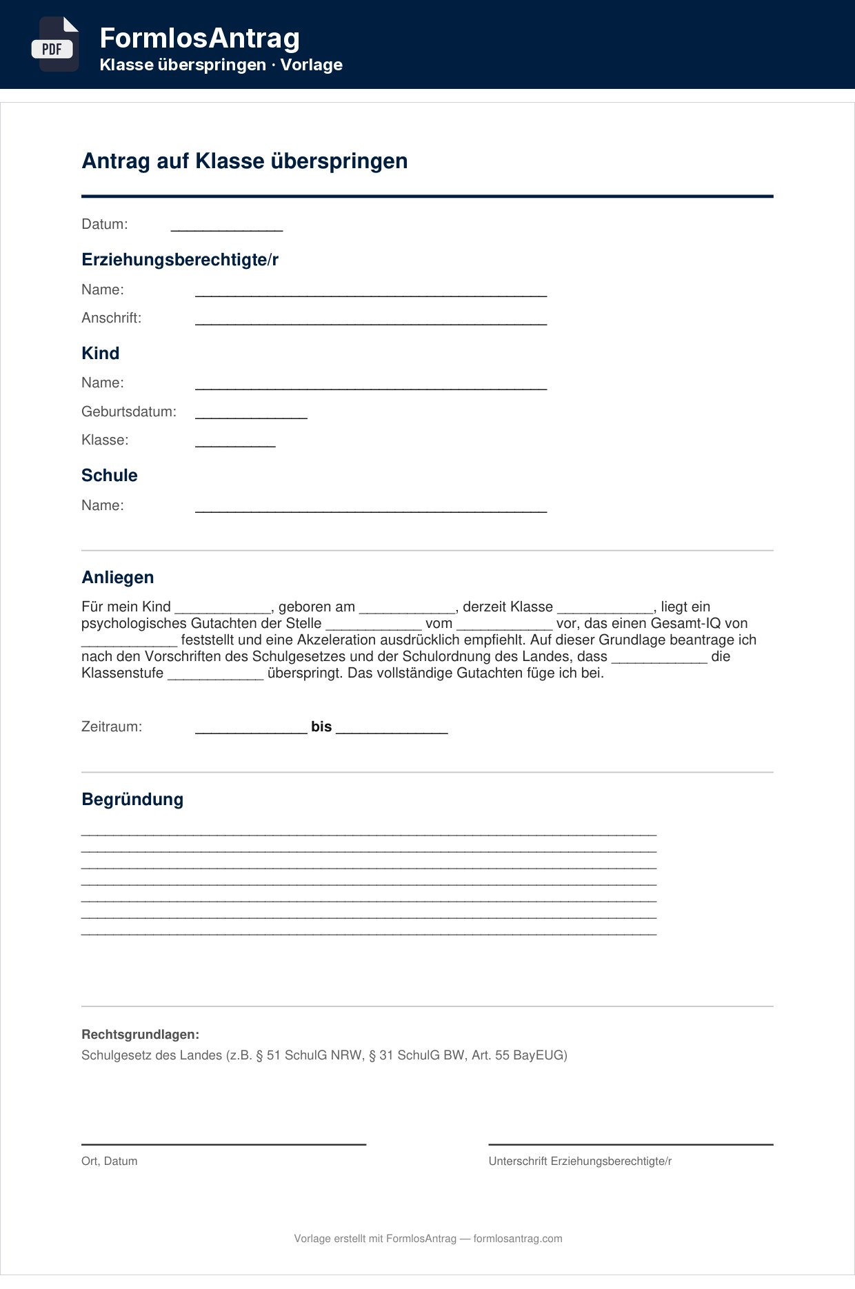 Erste Seite der Vorlage Antrag auf Klasse überspringen mit den Feldern zum Ausfüllen