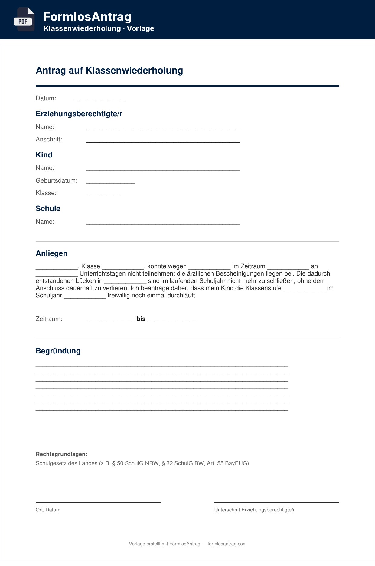 Erste Seite der Vorlage Antrag auf Klassenwiederholung mit den Feldern zum Ausfüllen