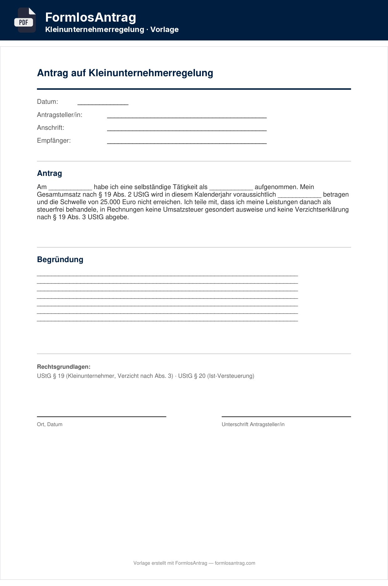 Erste Seite der Vorlage Antrag auf Kleinunternehmerregelung mit den Feldern zum Ausfüllen