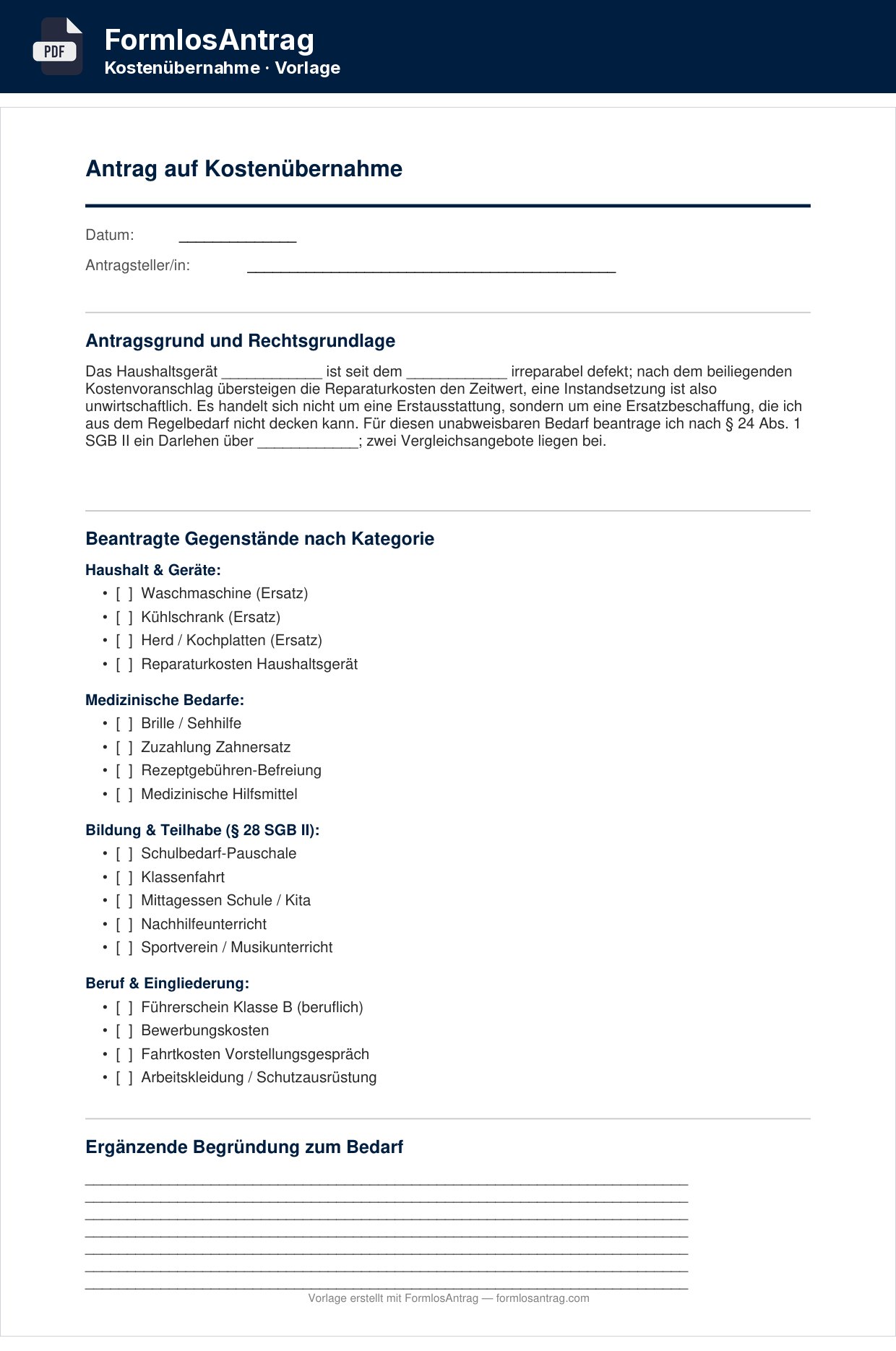 Erste Seite der Vorlage Antrag auf Kostenübernahme — PDF & Word mit den Feldern zum Ausfüllen