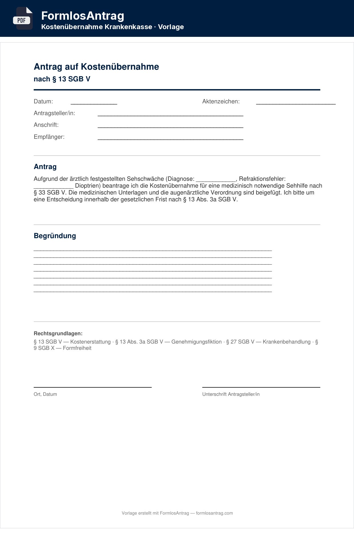 Erste Seite der Vorlage Antrag auf Kostenübernahme — PDF & Word mit den Feldern zum Ausfüllen