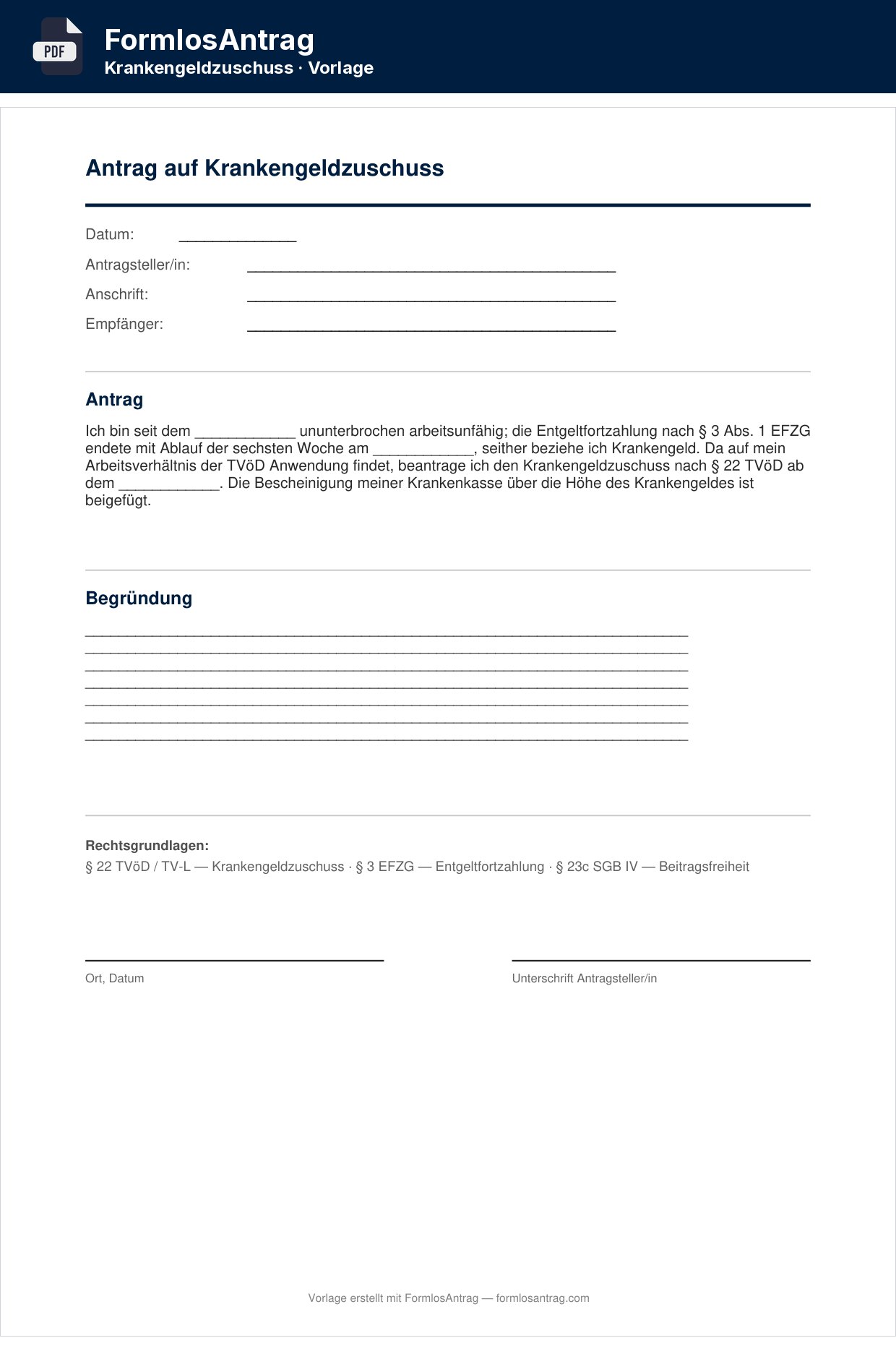 Erste Seite der Vorlage Antrag auf Krankengeldzuschuss mit den Feldern zum Ausfüllen