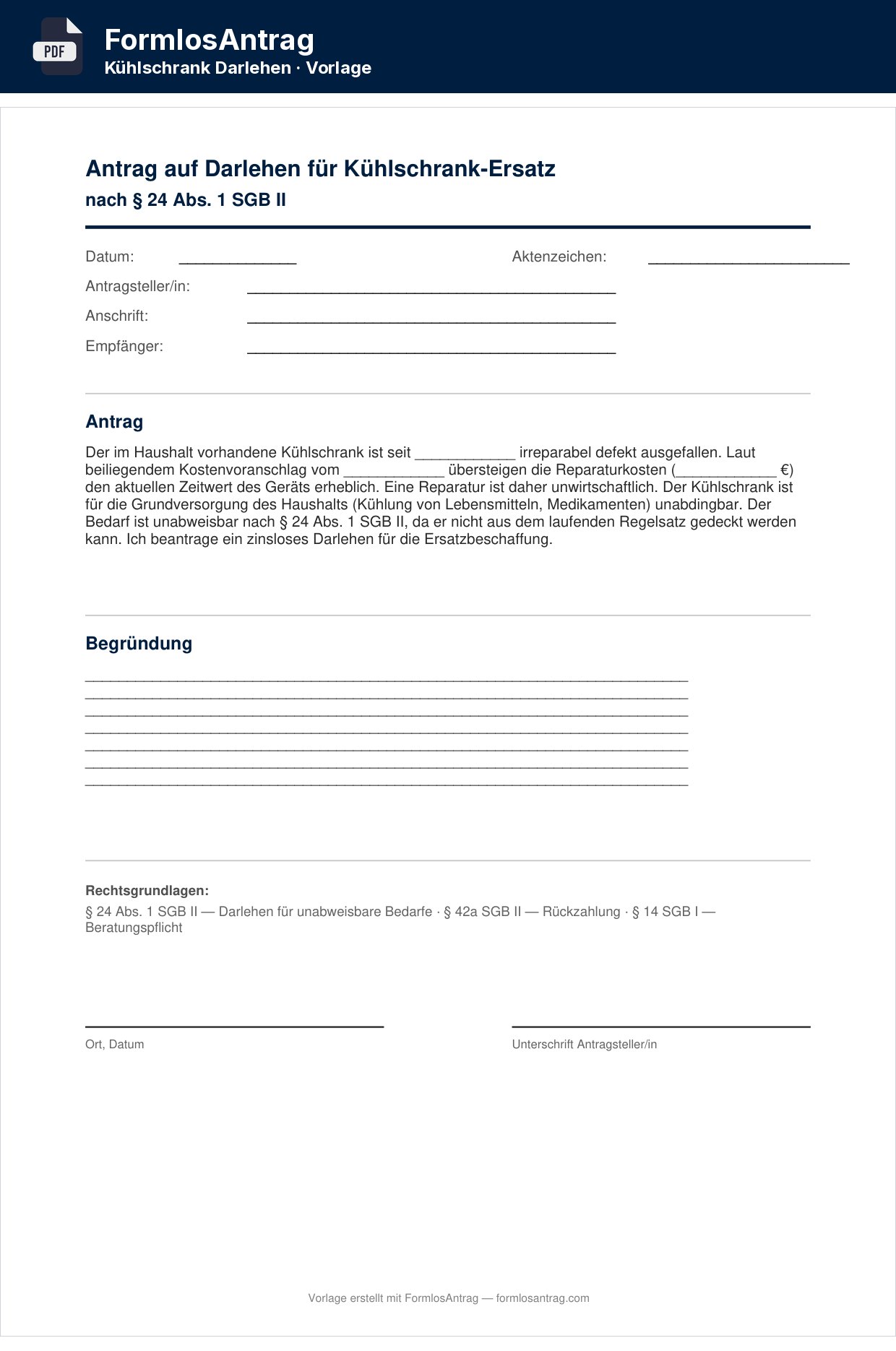 Erste Seite der Vorlage Antrag auf Darlehen für Kühlschrank-Ersatz — PDF & Word mit den Feldern zum Ausfüllen