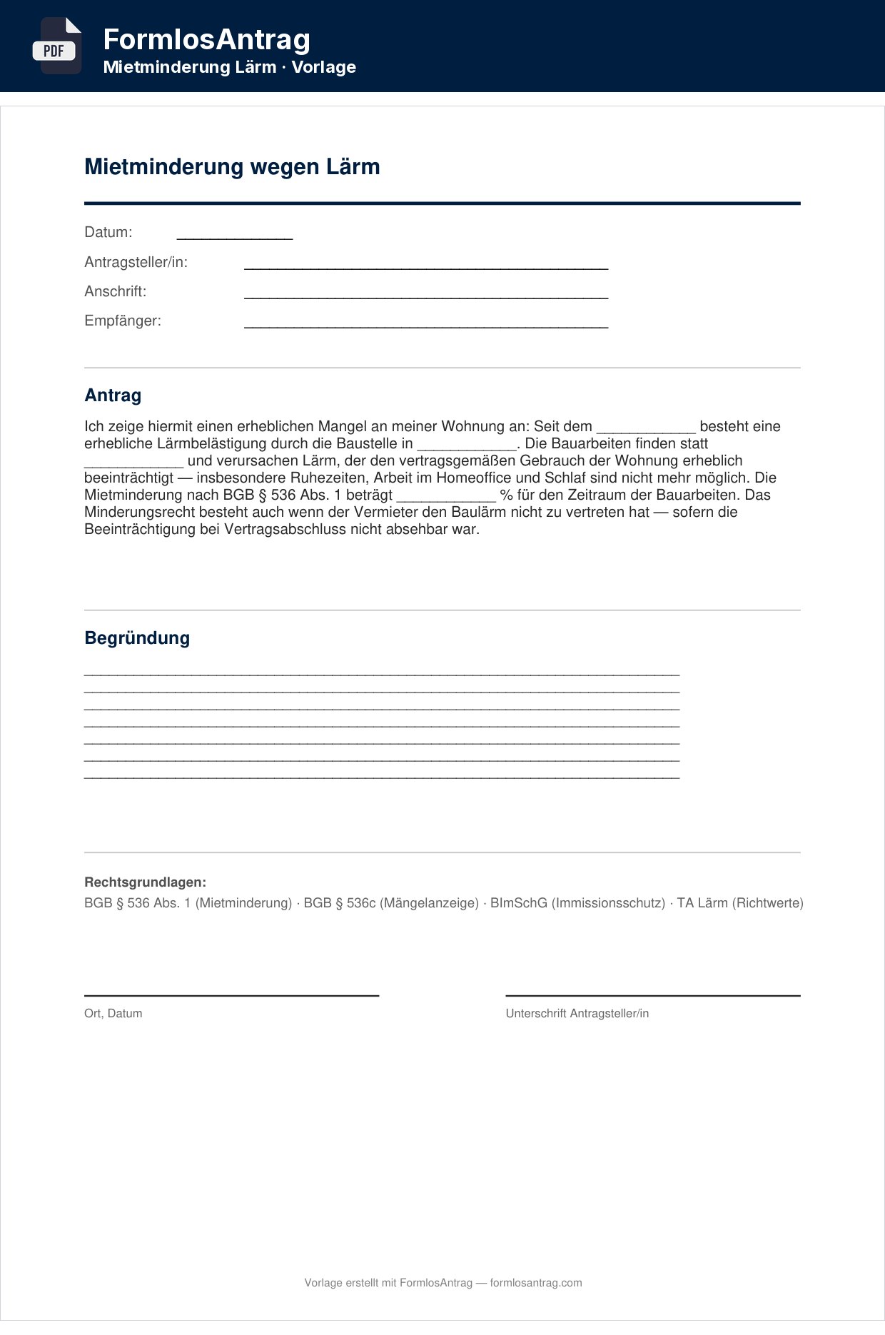 Erste Seite der Vorlage Mietminderung wegen Lärm — PDF & Word mit den Feldern zum Ausfüllen