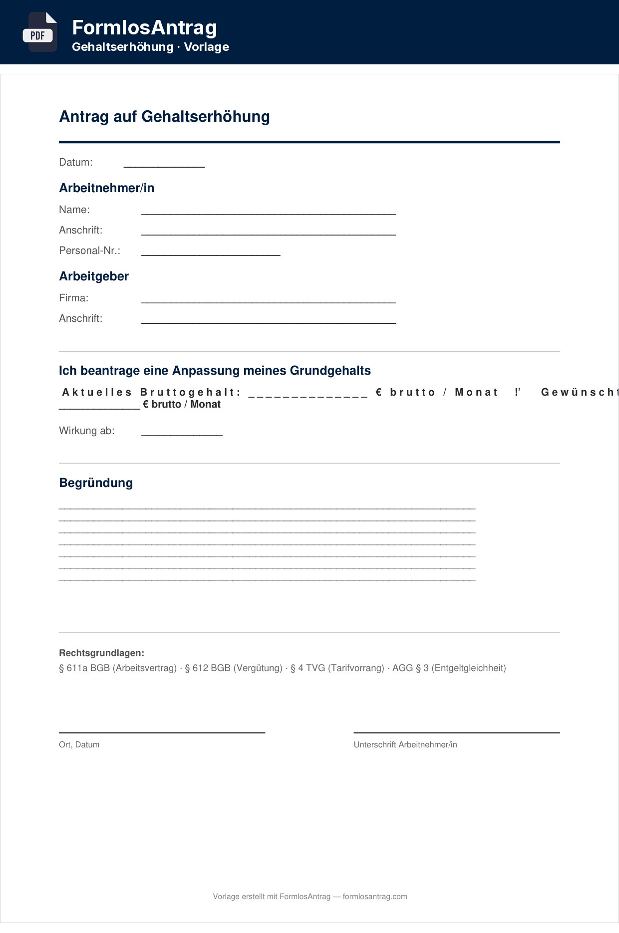 Erste Seite der Vorlage Antrag auf Gehaltserhöhung mit den Feldern zum Ausfüllen