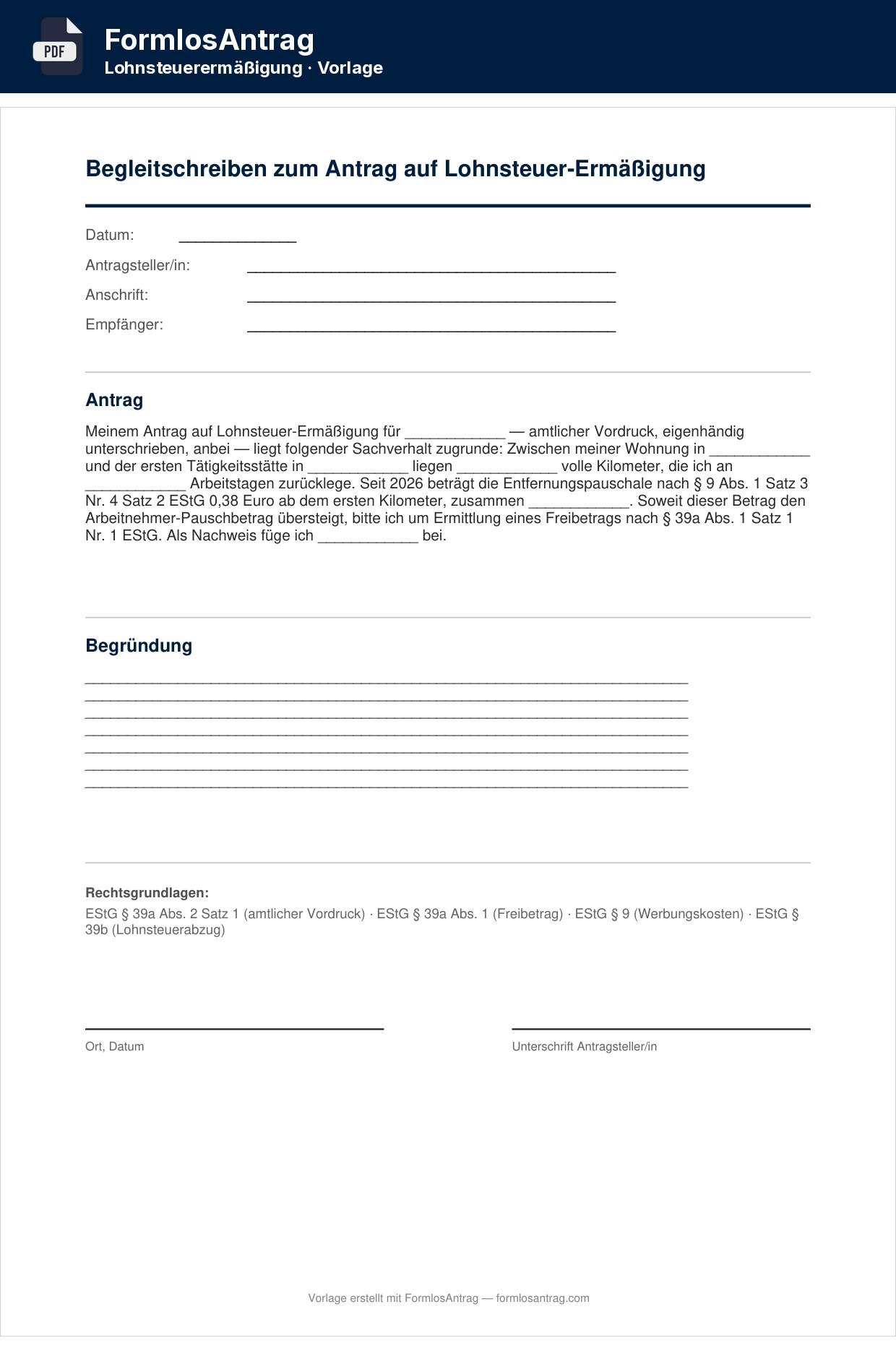 Erste Seite der Vorlage Begleitschreiben zum Antrag auf Lohnsteuer-Ermäßigung mit den Feldern zum Ausfüllen