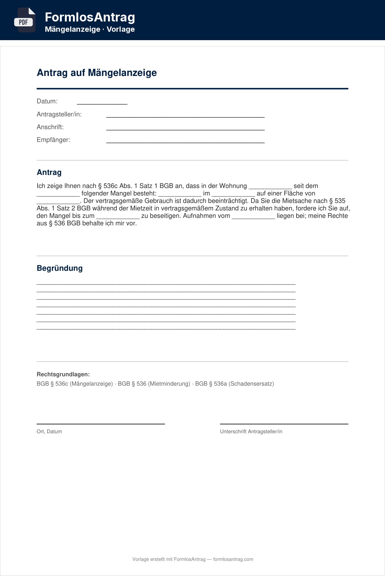 Erste Seite der Vorlage Antrag auf Mängelanzeige mit den Feldern zum Ausfüllen
