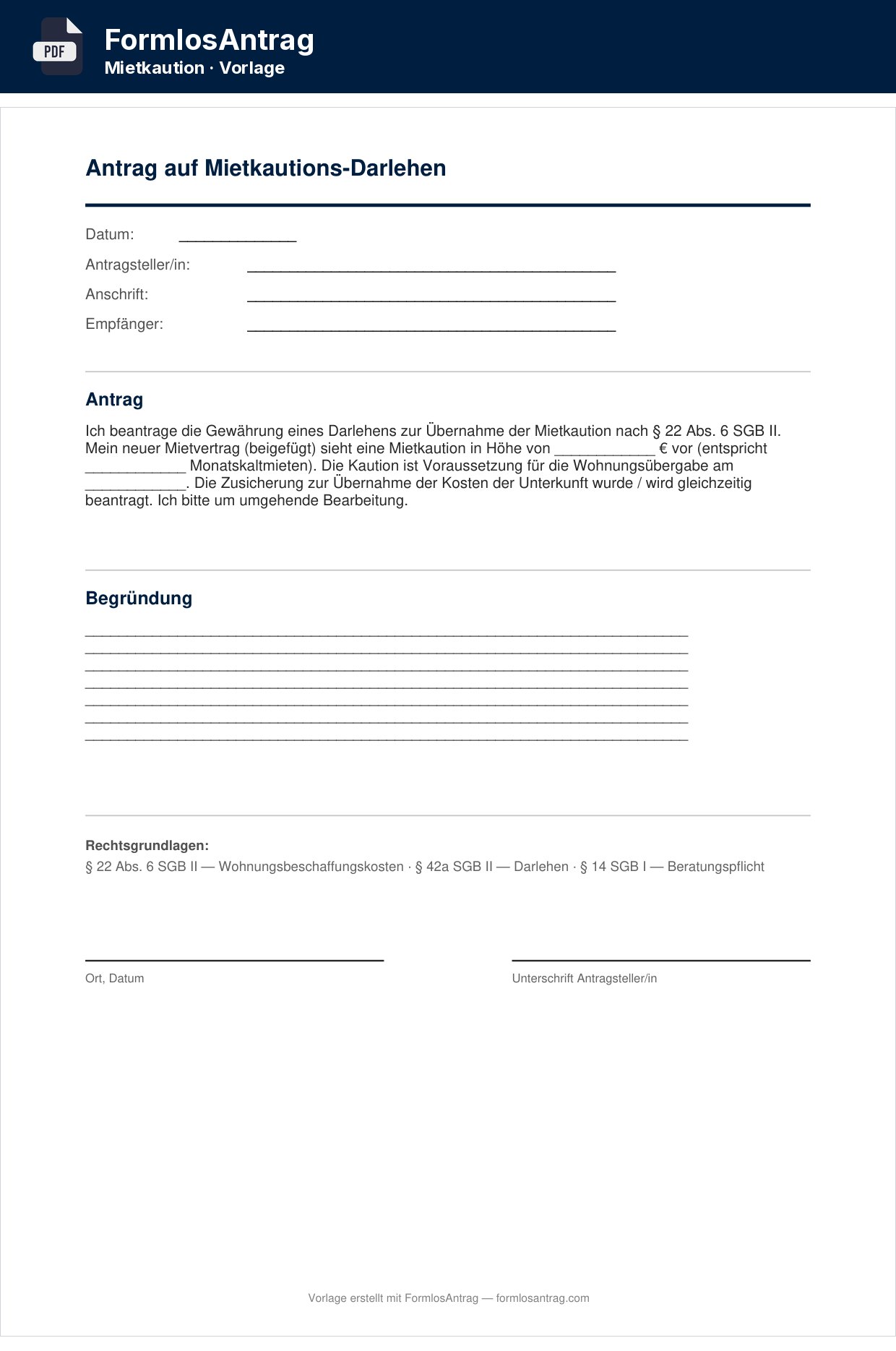 Erste Seite der Vorlage Antrag auf Mietkautions-Darlehen — PDF & Word mit den Feldern zum Ausfüllen