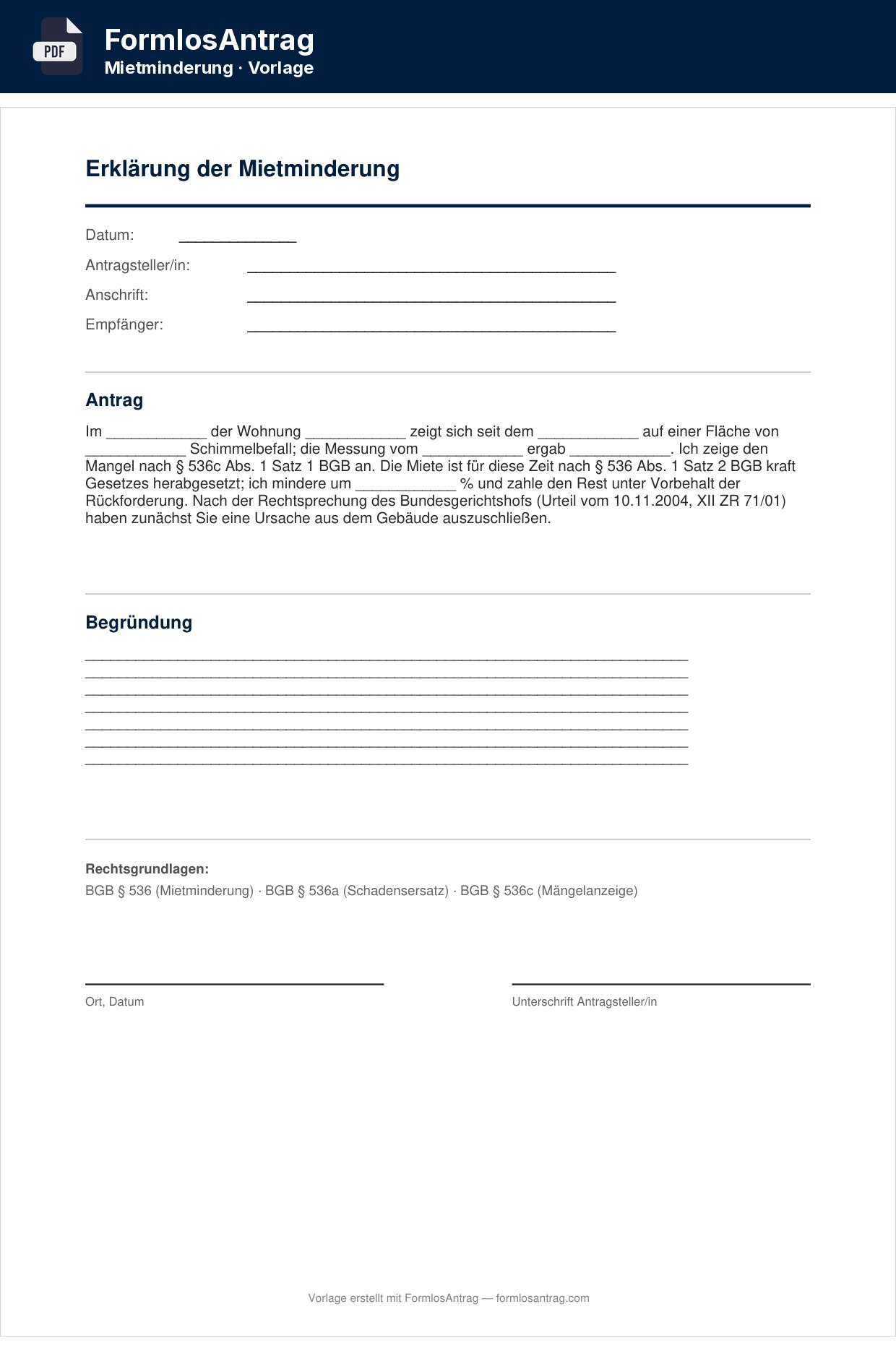 Erste Seite der Vorlage Erklärung der Mietminderung mit den Feldern zum Ausfüllen
