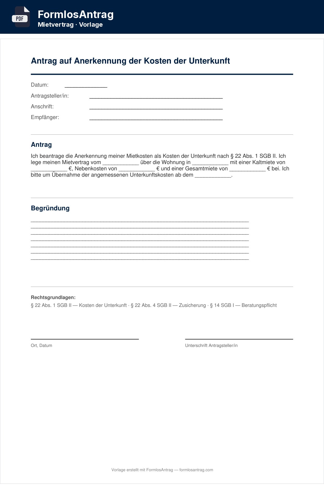 Erste Seite der Vorlage Antrag auf Anerkennung der Kosten der Unterkunft — PDF & Word mit den Feldern zum Ausfüllen
