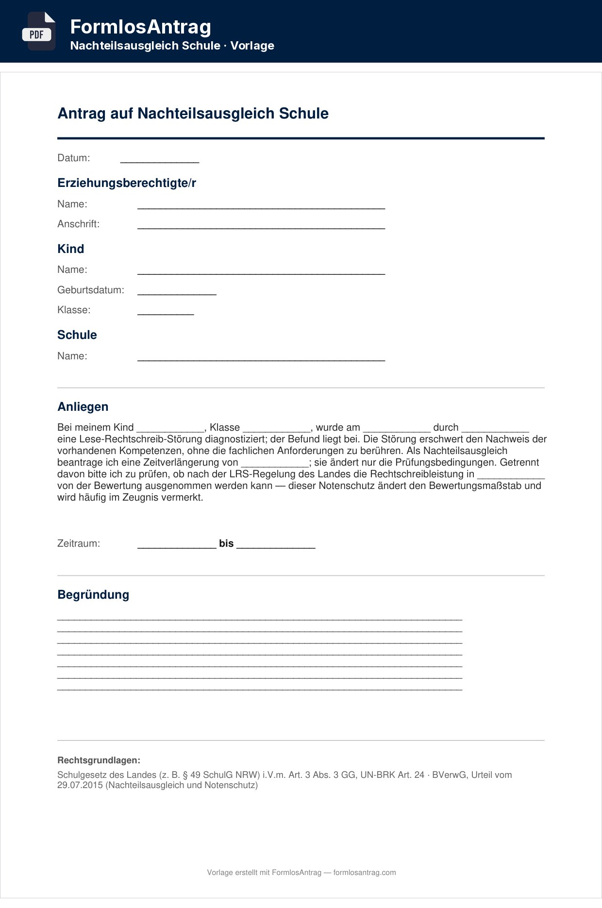 Erste Seite der Vorlage Antrag auf Nachteilsausgleich Schule mit den Feldern zum Ausfüllen