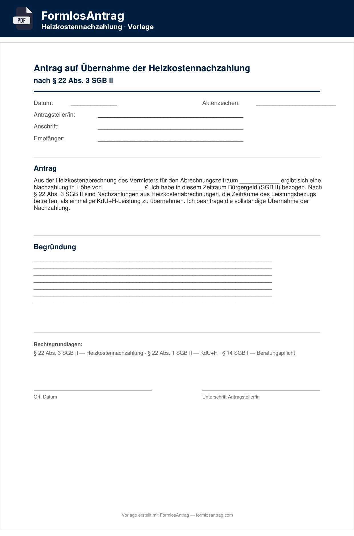 Erste Seite der Vorlage Antrag auf Übernahme der Heizkostennachzahlung — PDF & Word mit den Feldern zum Ausfüllen