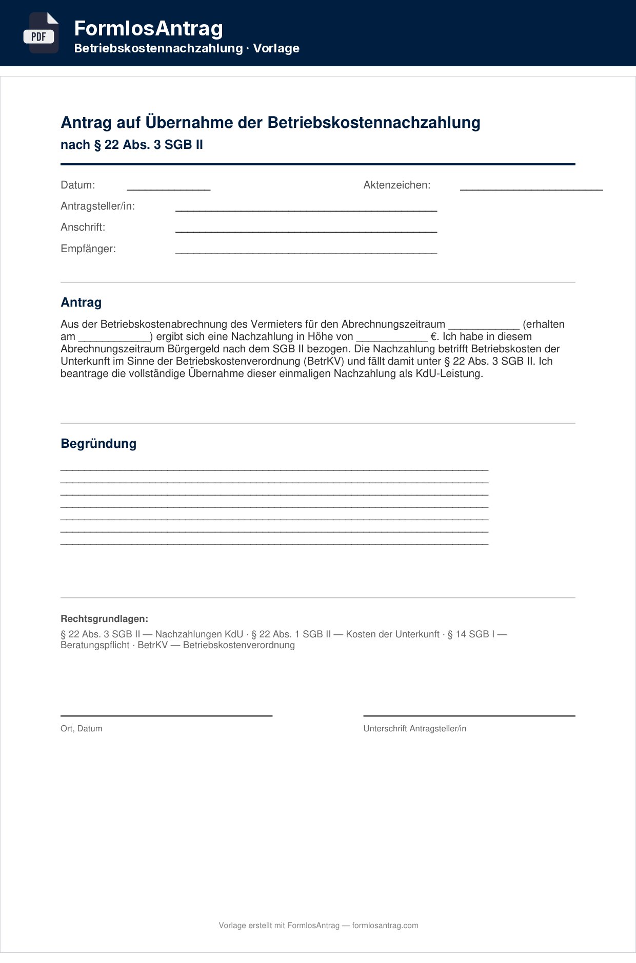 Erste Seite der Vorlage Antrag auf Übernahme der Betriebskostennachzahlung — PDF & Word mit den Feldern zum Ausfüllen