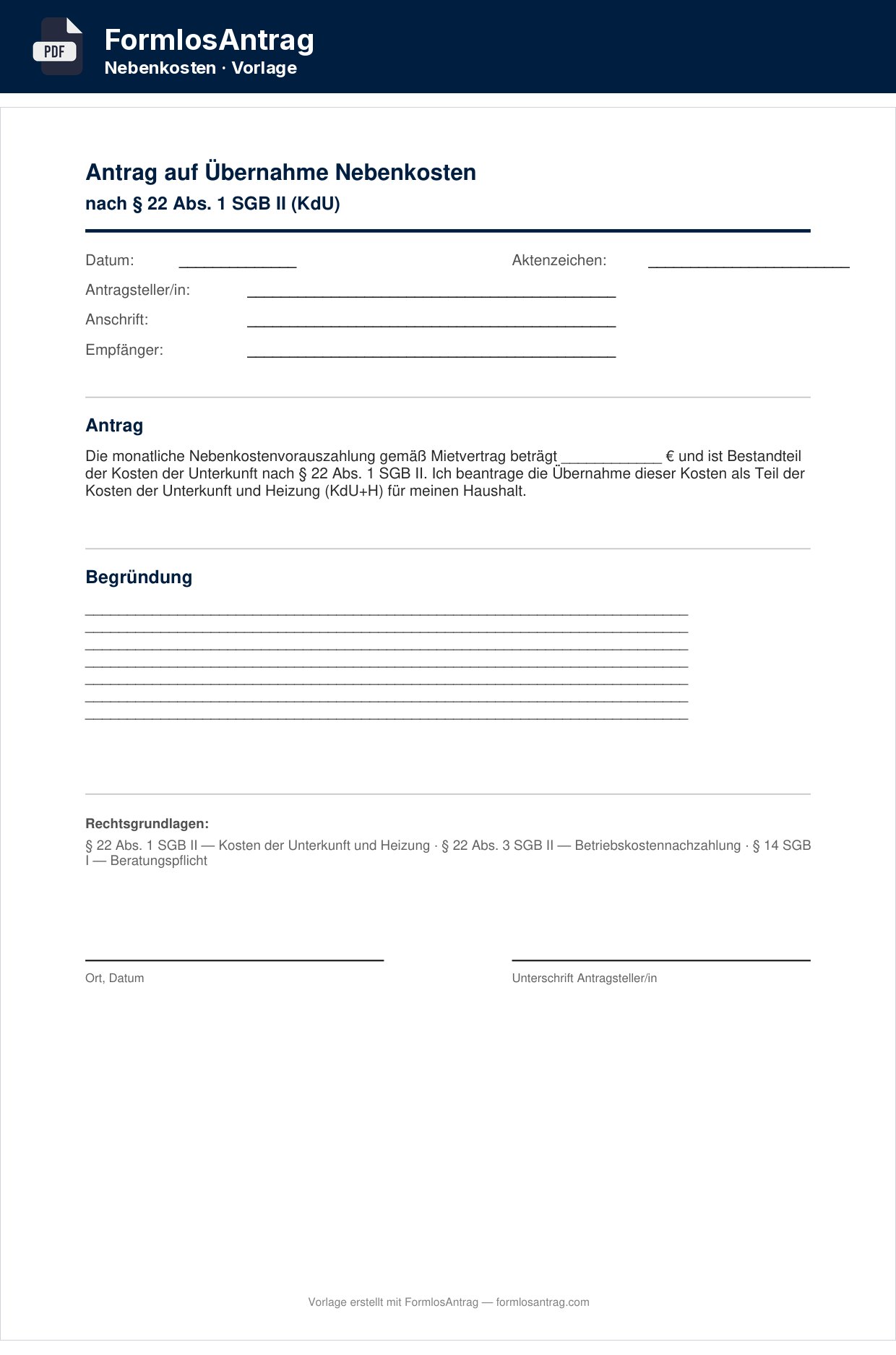 Erste Seite der Vorlage Antrag auf Übernahme Nebenkosten — PDF & Word mit den Feldern zum Ausfüllen
