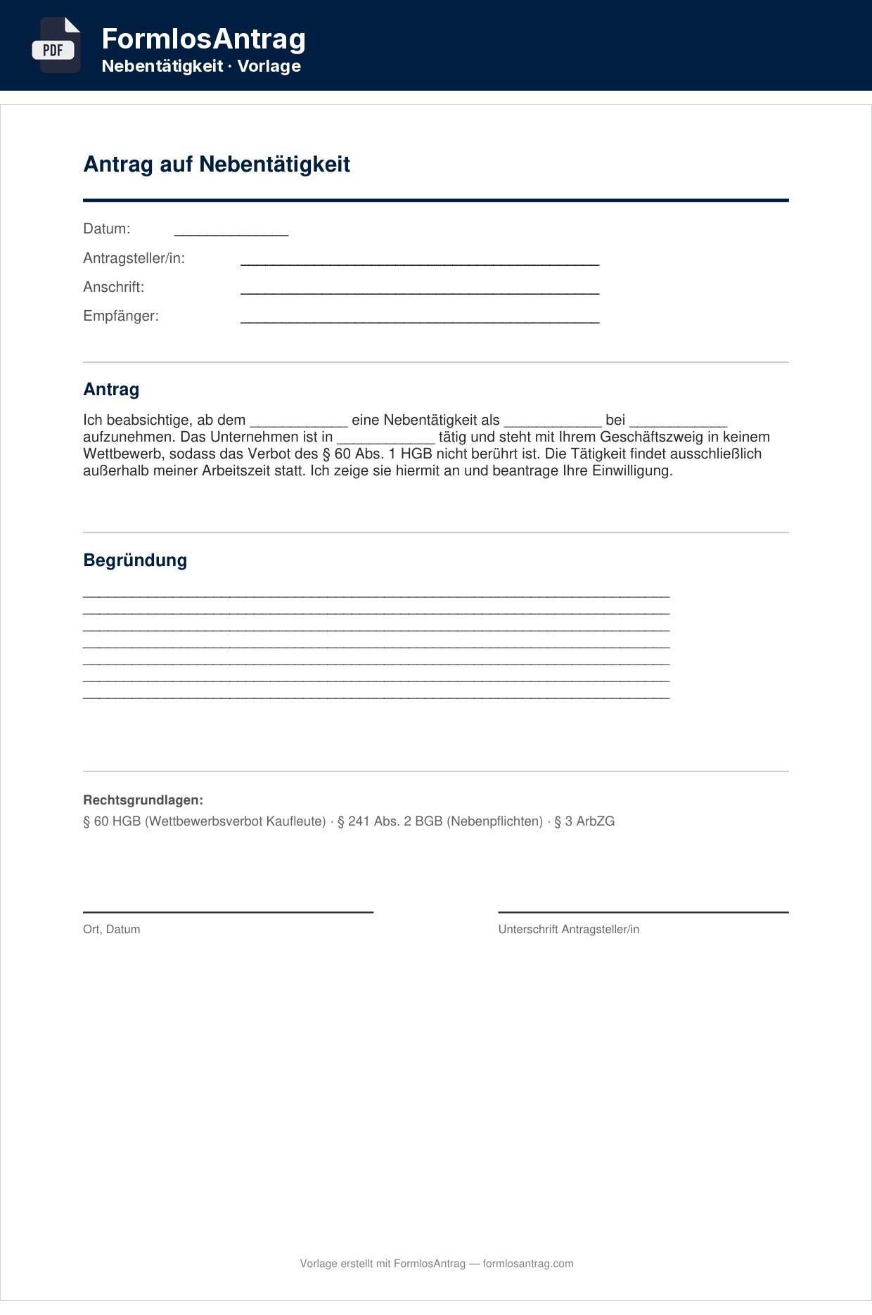 Erste Seite der Vorlage Antrag auf Nebentätigkeit mit den Feldern zum Ausfüllen
