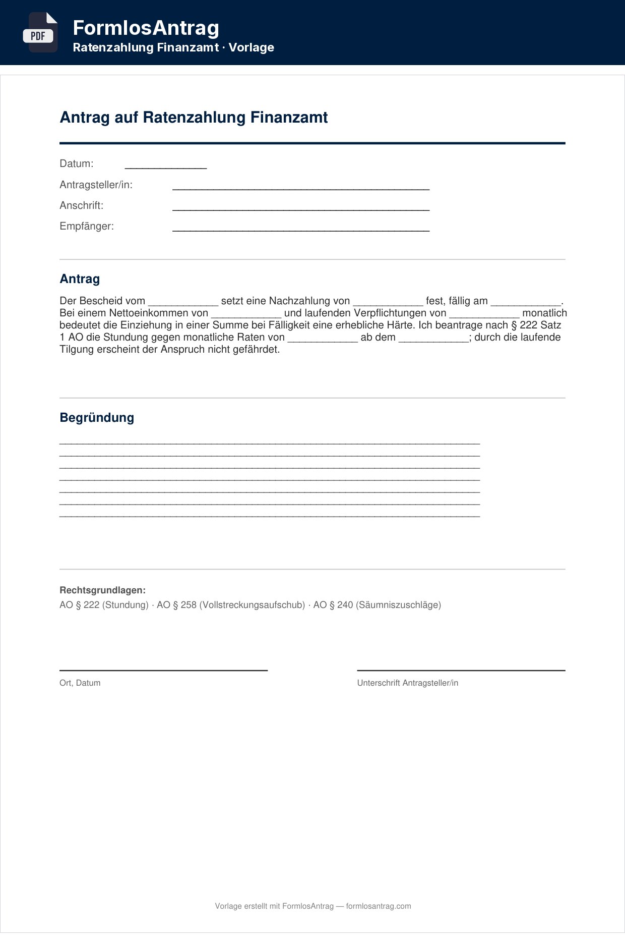 Erste Seite der Vorlage Antrag auf Ratenzahlung Finanzamt mit den Feldern zum Ausfüllen