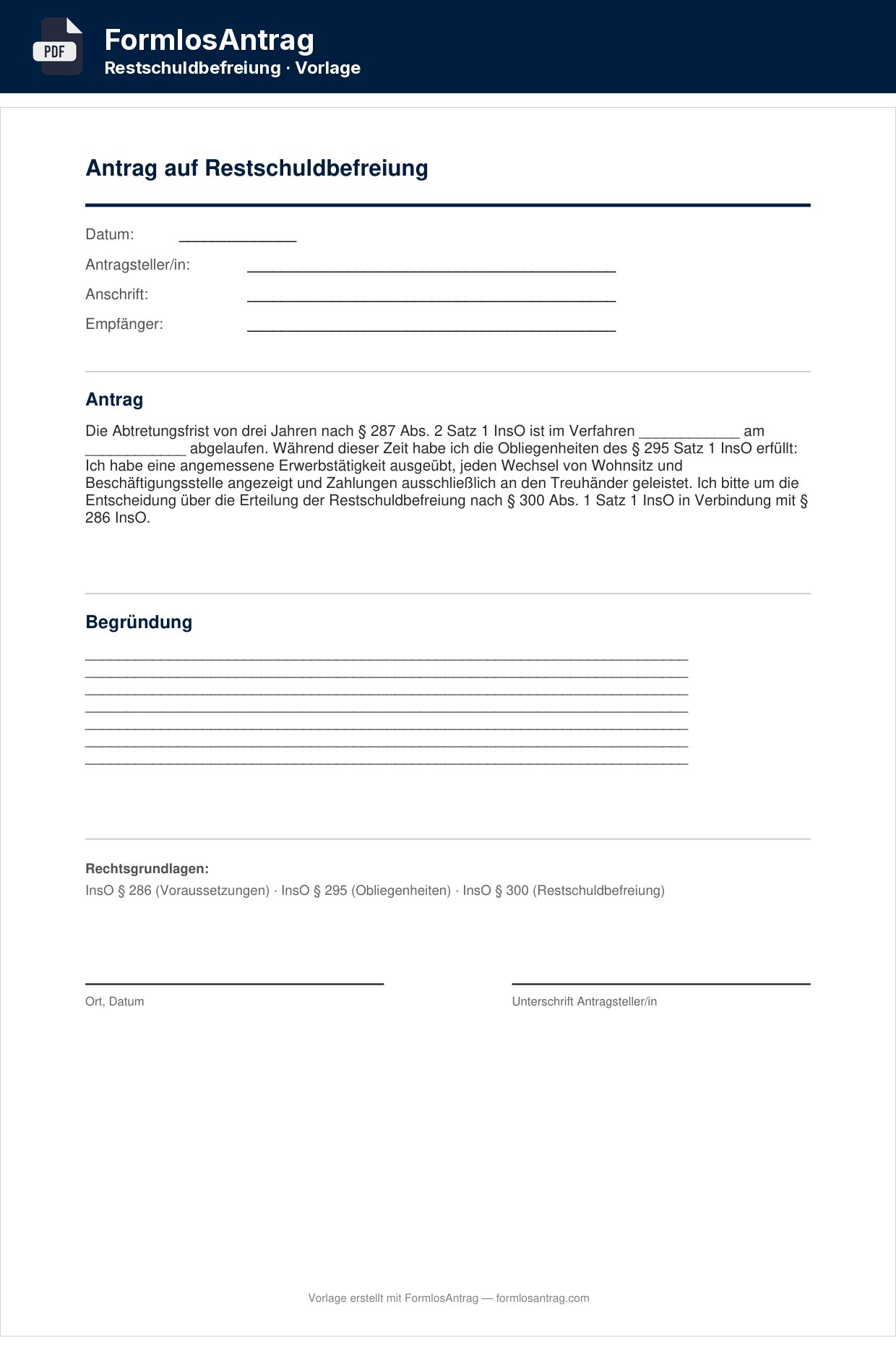 Erste Seite der Vorlage Antrag auf Restschuldbefreiung mit den Feldern zum Ausfüllen