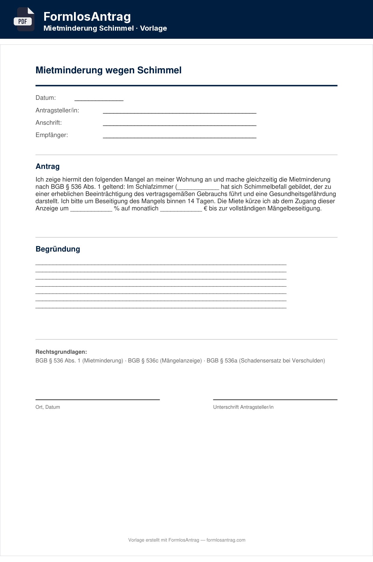Erste Seite der Vorlage Mietminderung wegen Schimmel — PDF & Word mit den Feldern zum Ausfüllen