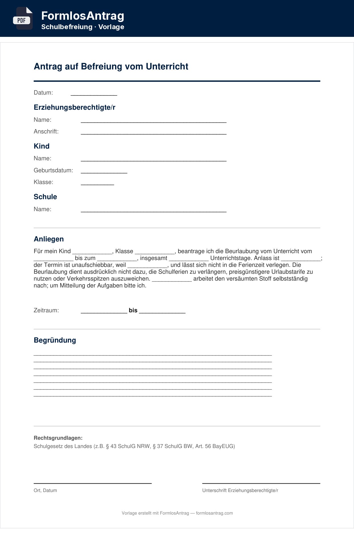 Erste Seite der Vorlage Antrag auf Befreiung vom Unterricht mit den Feldern zum Ausfüllen