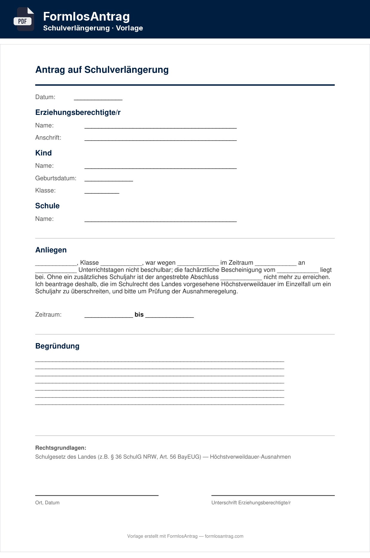 Erste Seite der Vorlage Antrag auf Schulverlängerung mit den Feldern zum Ausfüllen