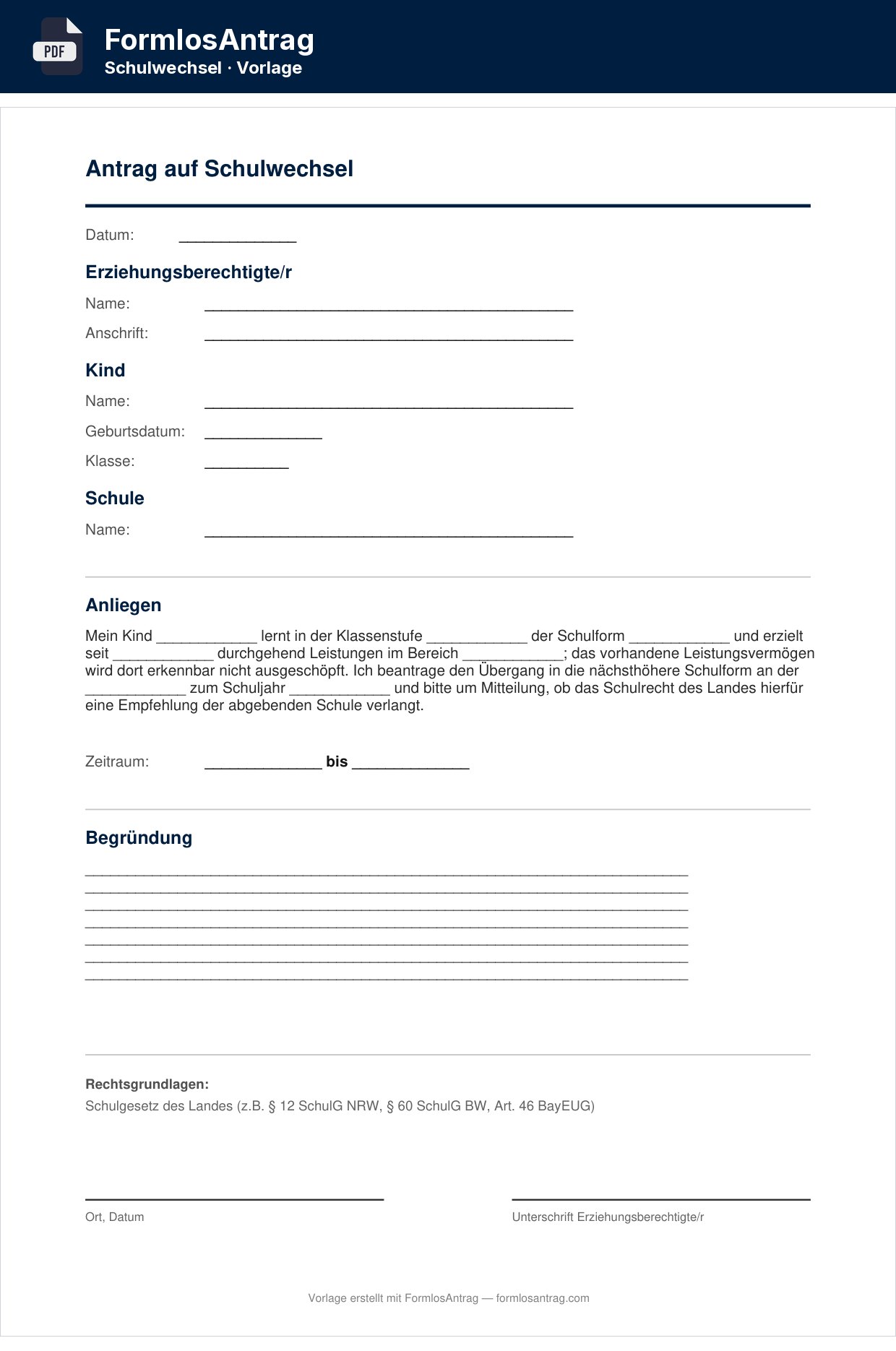 Erste Seite der Vorlage Antrag auf Schulwechsel mit den Feldern zum Ausfüllen