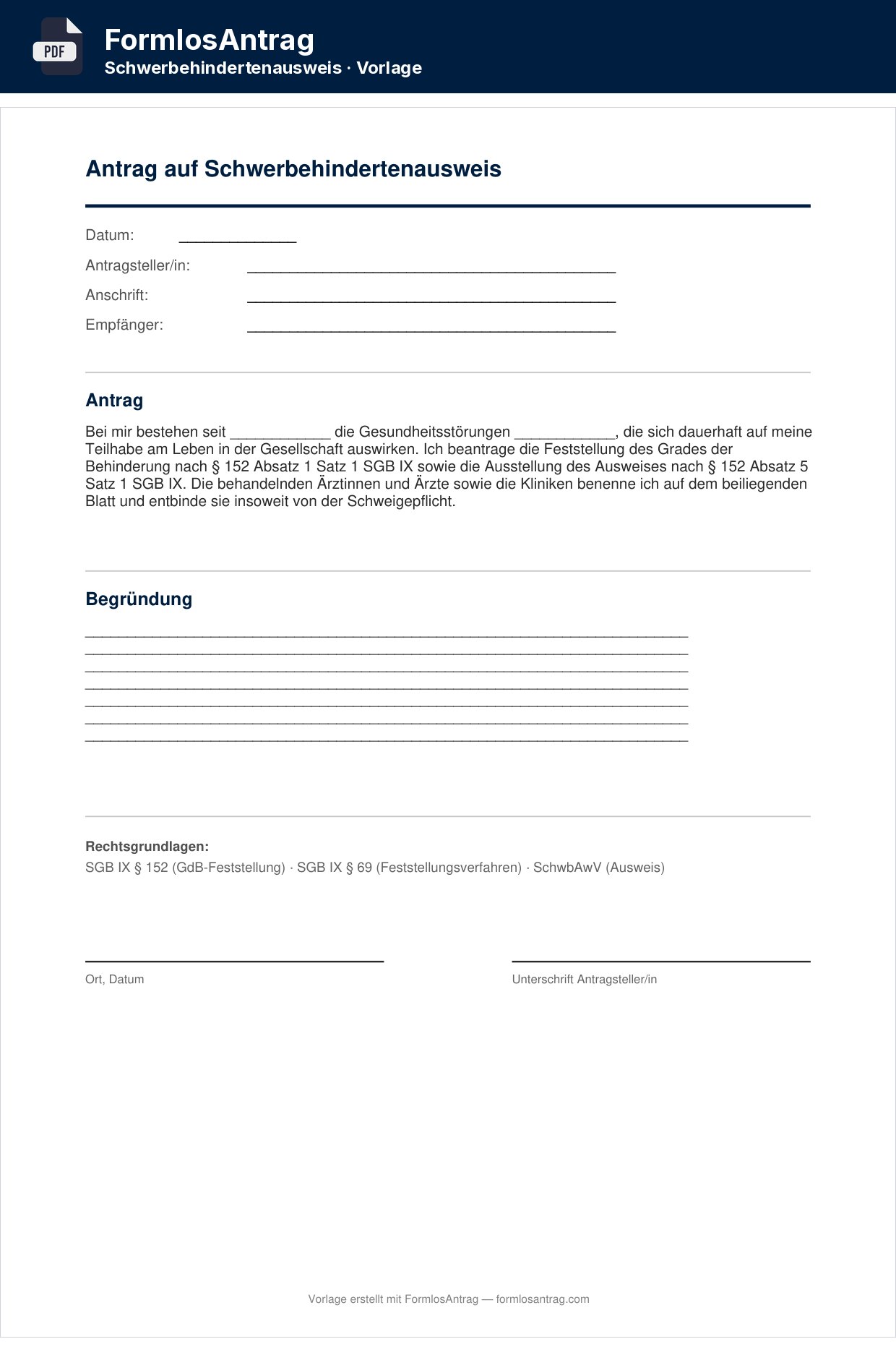 Erste Seite der Vorlage Antrag auf Schwerbehindertenausweis mit den Feldern zum Ausfüllen