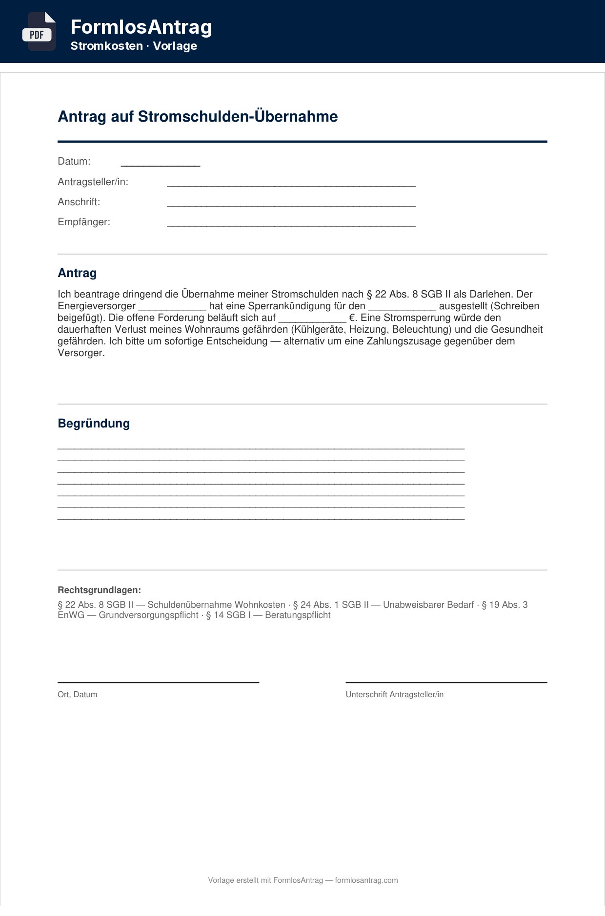 Erste Seite der Vorlage Antrag auf Stromschulden-Übernahme — PDF & Word mit den Feldern zum Ausfüllen