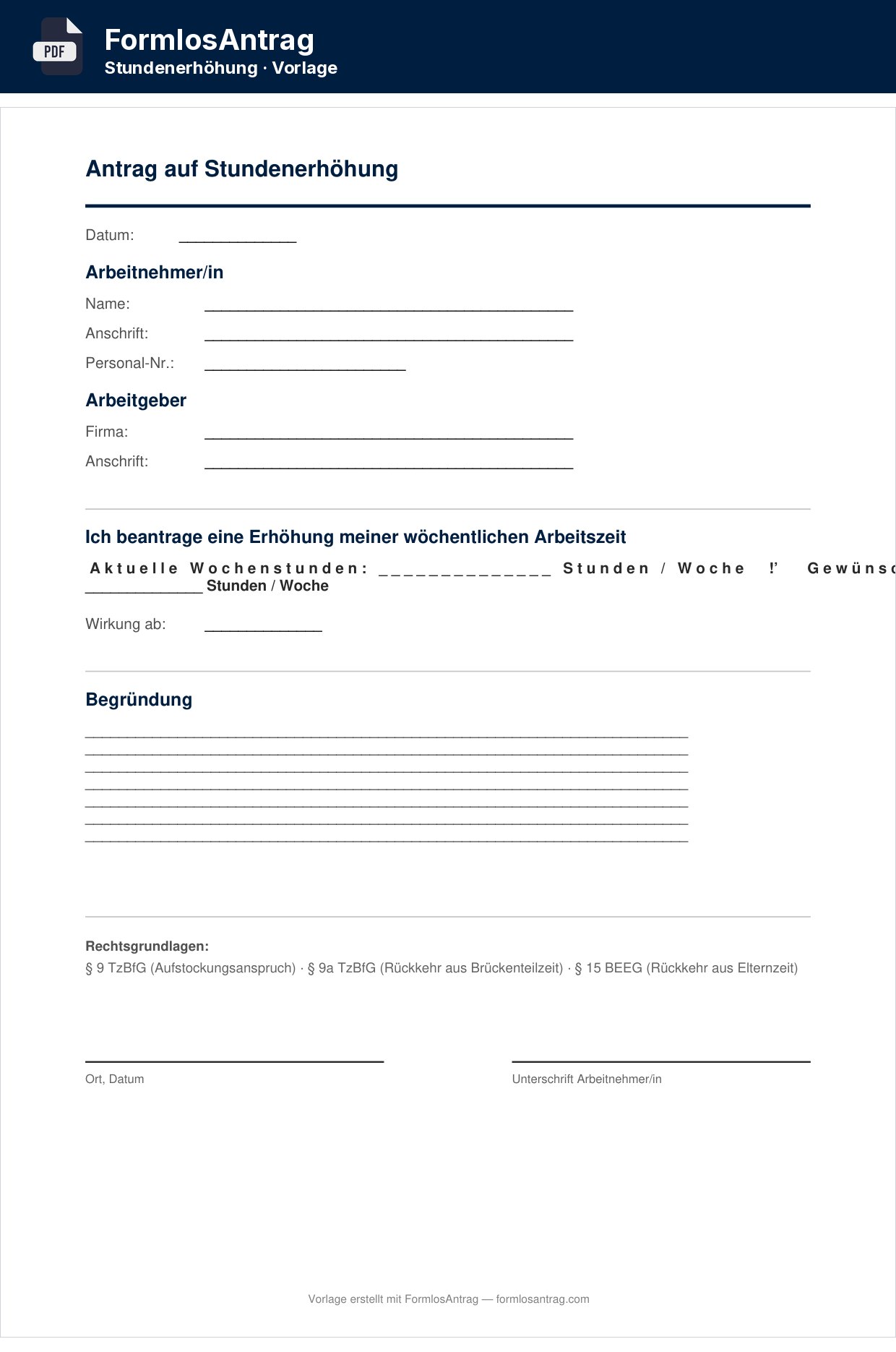 Erste Seite der Vorlage Antrag auf Stundenerhöhung mit den Feldern zum Ausfüllen