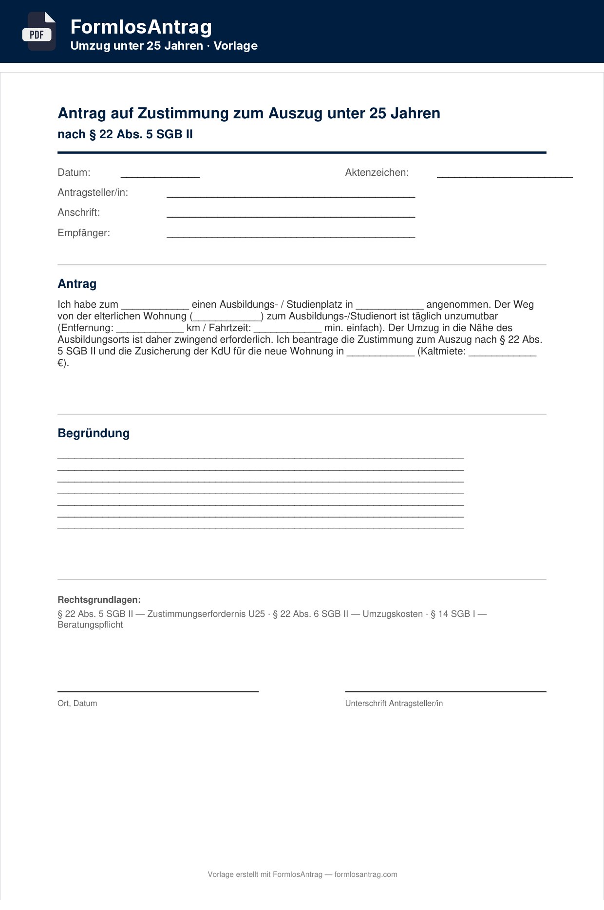 Erste Seite der Vorlage Antrag auf Zustimmung zum Auszug unter 25 Jahren — PDF & Word mit den Feldern zum Ausfüllen
